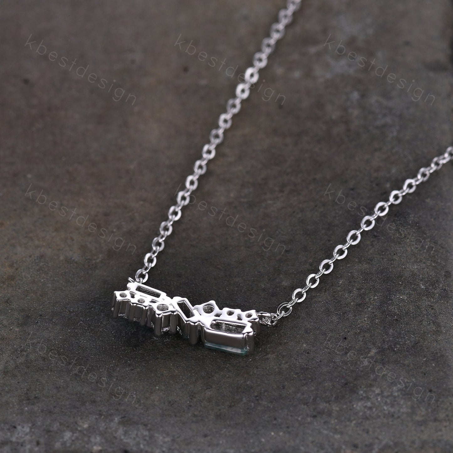Baguette cut Natural Moss Agate Necklace, Silver Necklace, Art Deco Women Necklace, Unique Moissanite Necklace, Anniversary Promise Gift