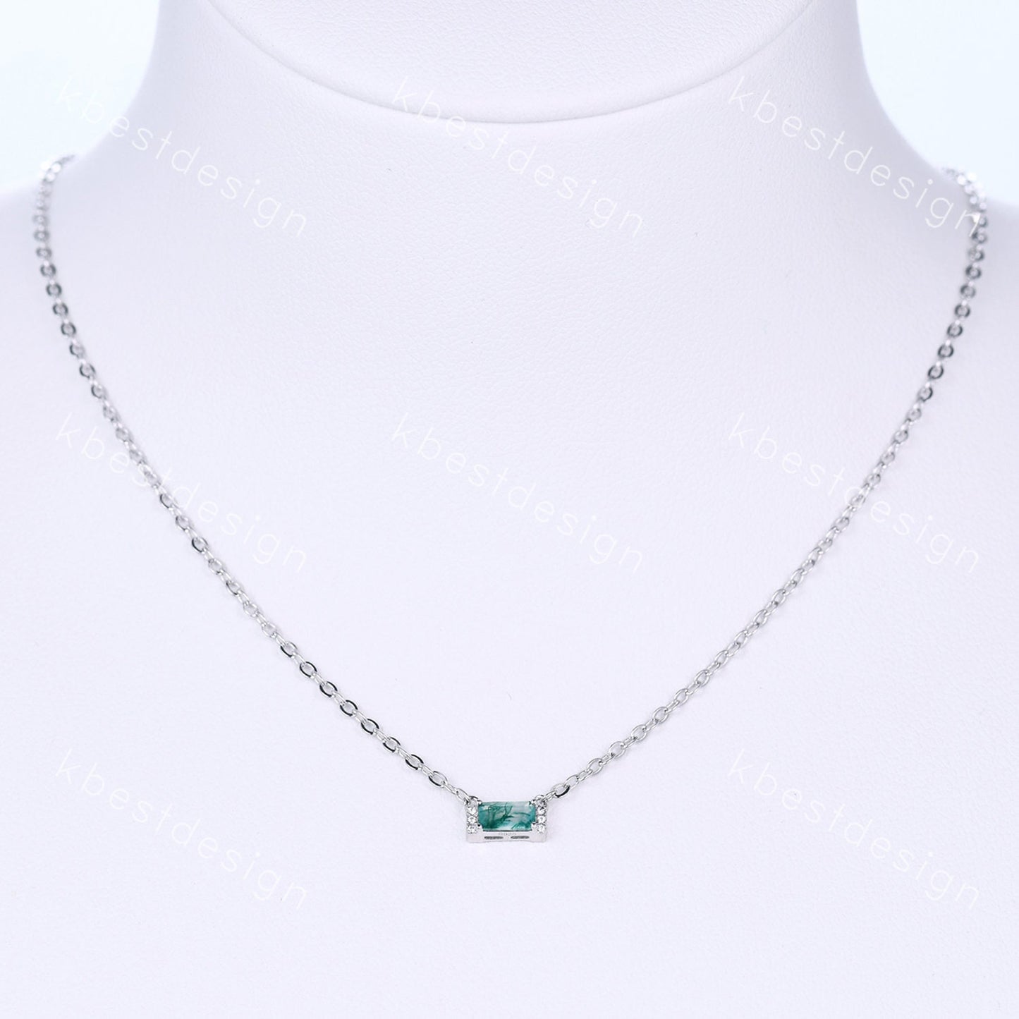 Minimalist Moss Agate Necklace, Silver Necklace, Baguette cut Green Agate Necklace, Delicate Necklace, White Gold Necklace, Birthday Gift