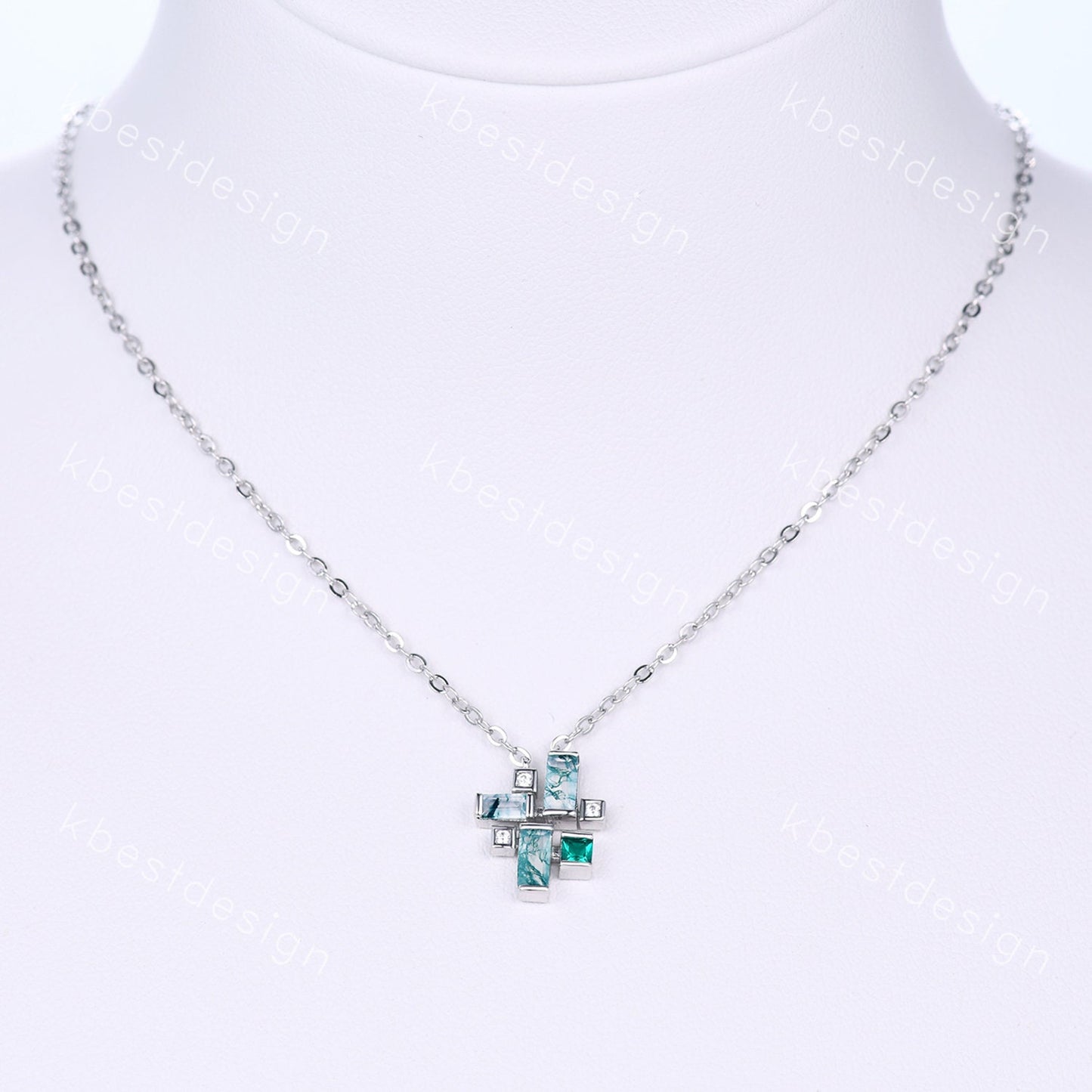 Unique Baguette cut Moss Agate Necklace, Green Gem Necklace, Silver Necklaces for Women, Art Deco Cluster Necklace, Anniversary Promise Gift