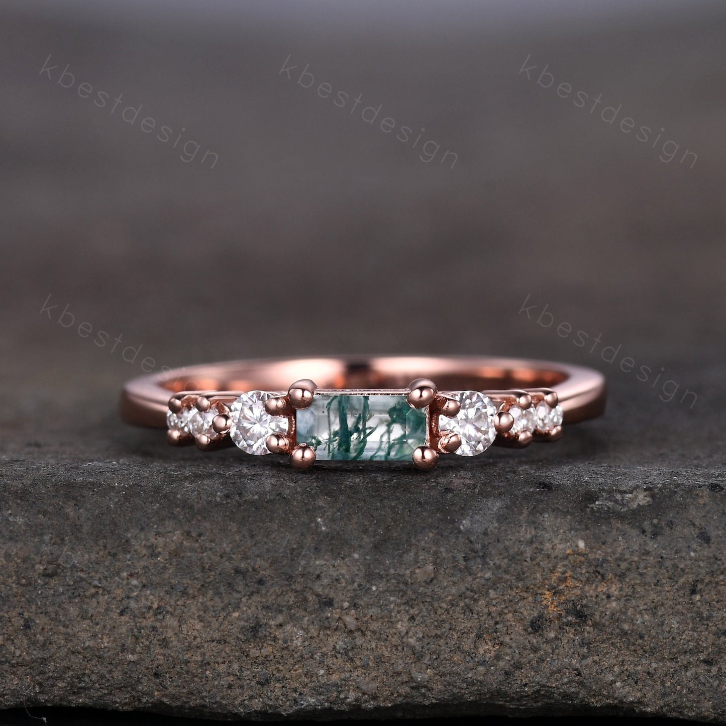 Baguette cut Moss Agate Wedding Band Unique Sterling Silver Wedding Band Antique Moissanite Ring Minimalist Bridal Matching Stackable band