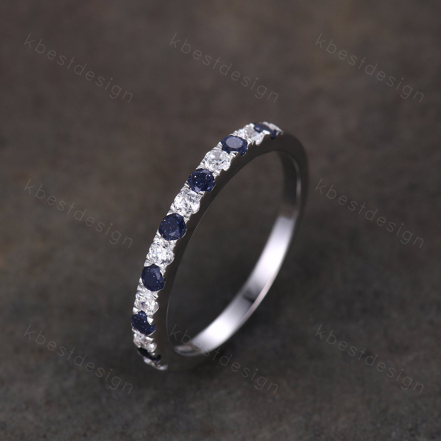 Blue Sandstone Wedding Band 2mm Half Eternity Band Moissanite Stacking Wedding Ring Pave Band Anniversary Ring Sterling Silver Ring