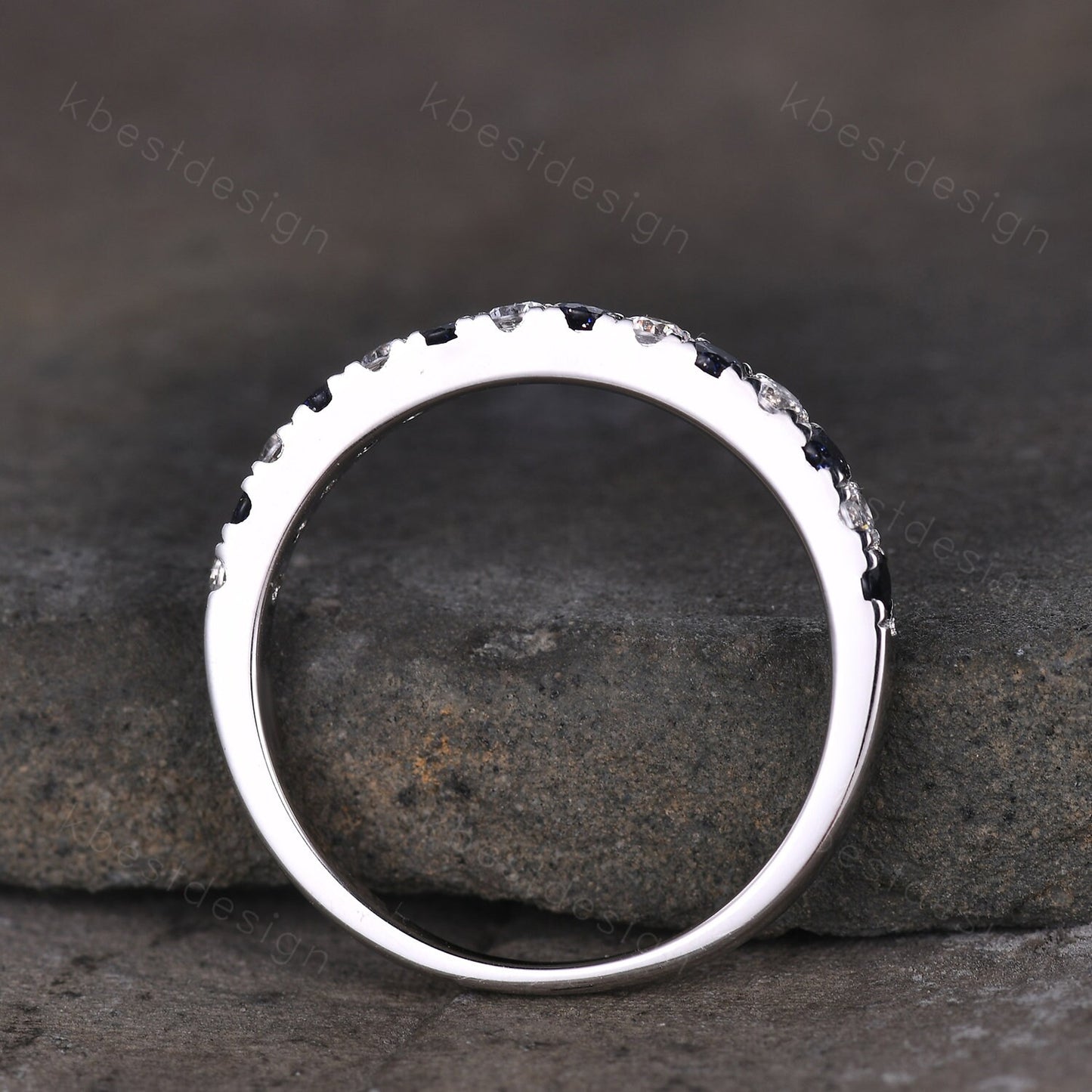 Blue Sandstone Wedding Band 2mm Half Eternity Band Moissanite Stacking Wedding Ring Pave Band Anniversary Ring Sterling Silver Ring