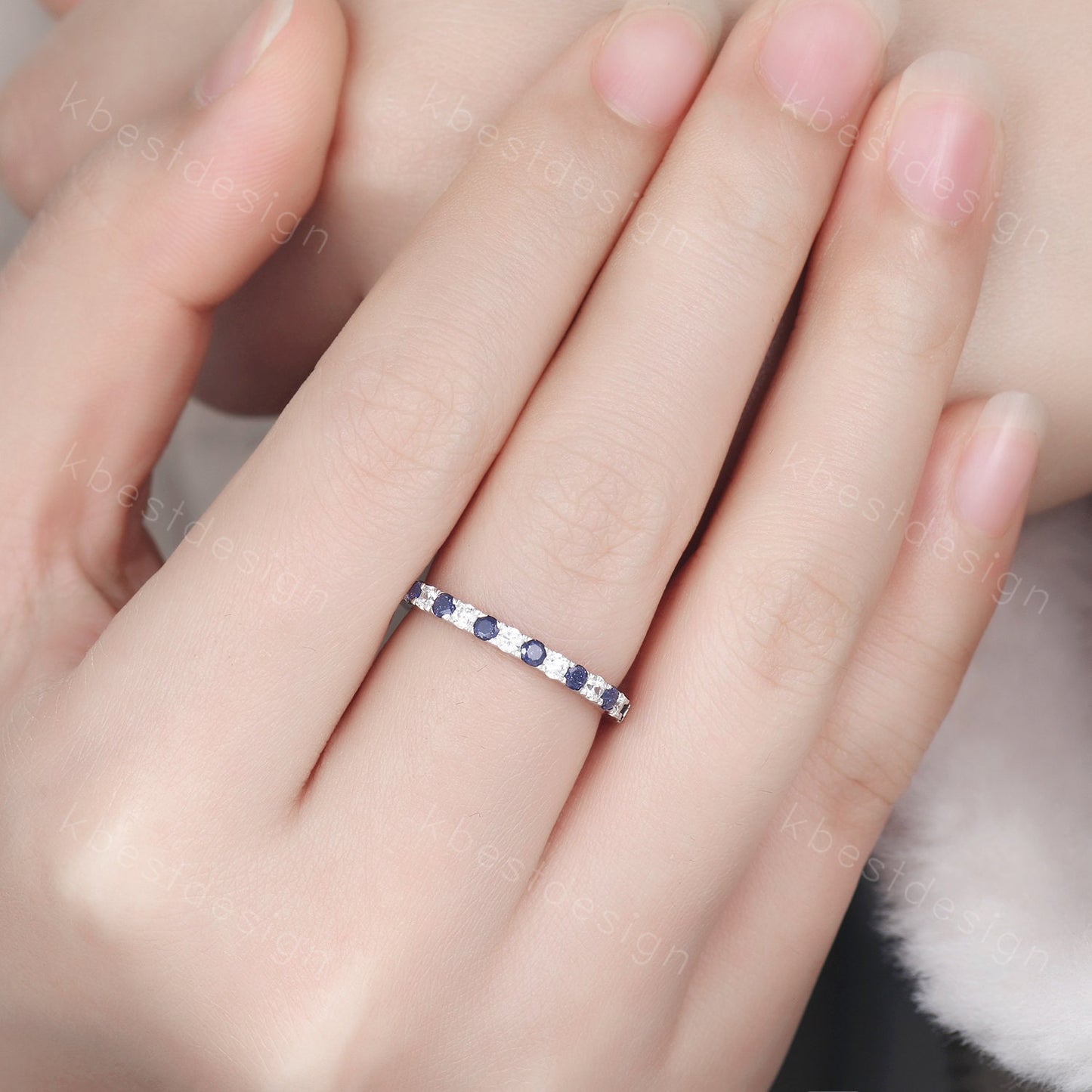 Blue Sandstone Wedding Band 2mm Half Eternity Band Moissanite Stacking Wedding Ring Pave Band Anniversary Ring Sterling Silver Ring