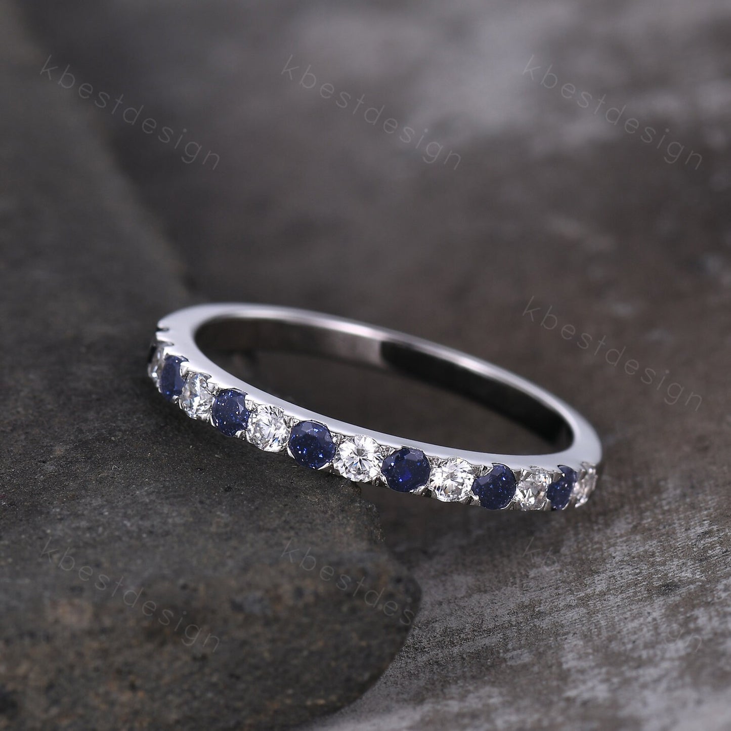 Blue Sandstone Wedding Band 2mm Half Eternity Band Moissanite Stacking Wedding Ring Pave Band Anniversary Ring Sterling Silver Ring