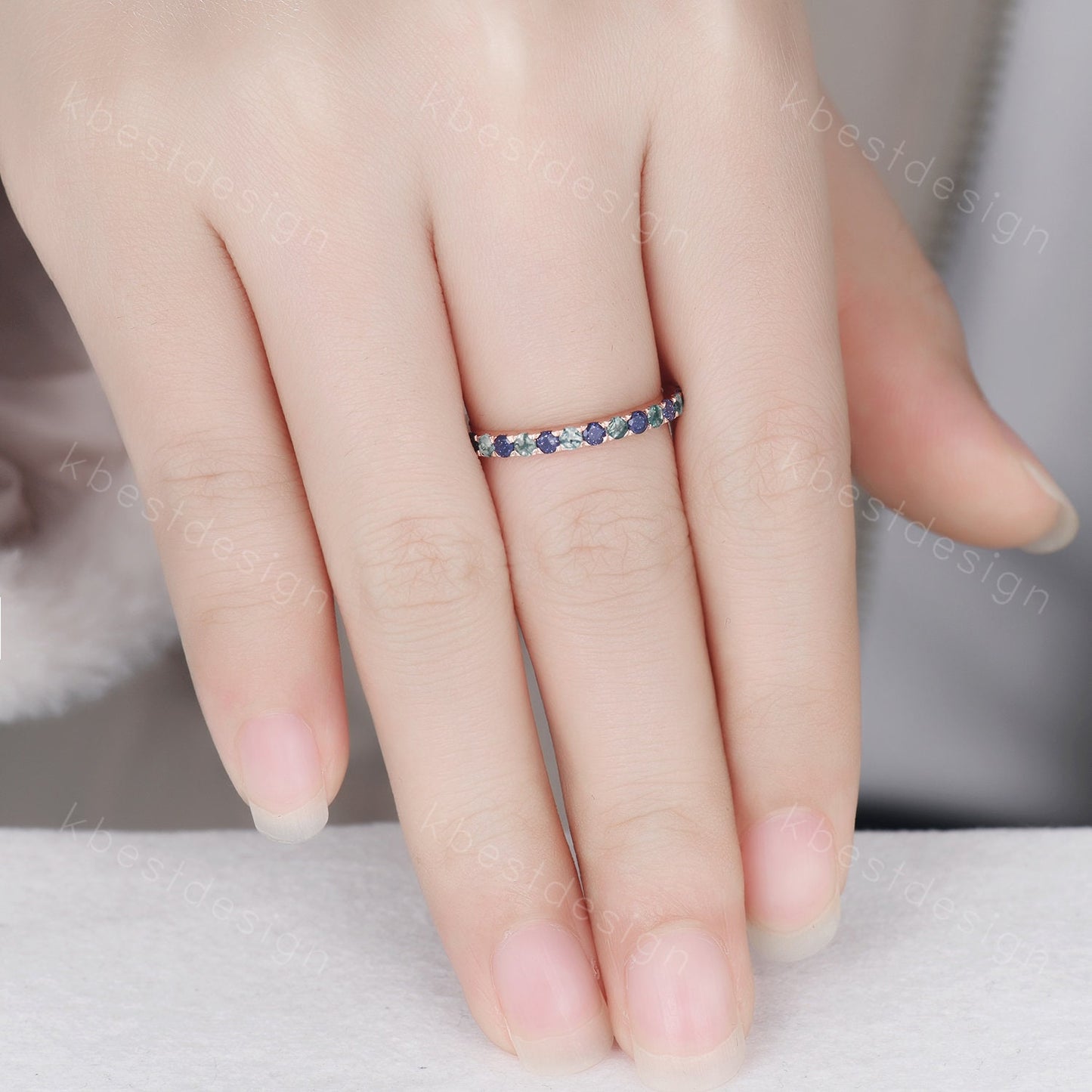 Round cut Blue Sandstone Wedding Band 2mm Half Eternity Band Moss Agate Wedding Band Gemstone Band Rose Gold Ring Anniversary Gift
