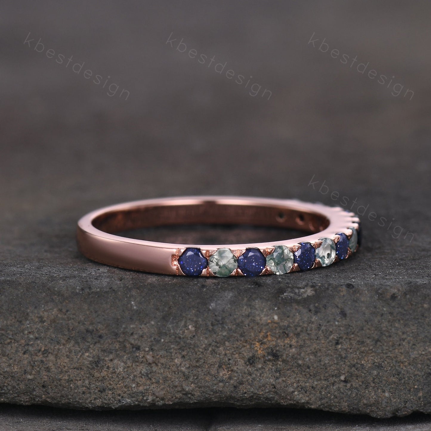 Round cut Blue Sandstone Wedding Band 2mm Half Eternity Band Moss Agate Wedding Band Gemstone Band Rose Gold Ring Anniversary Gift