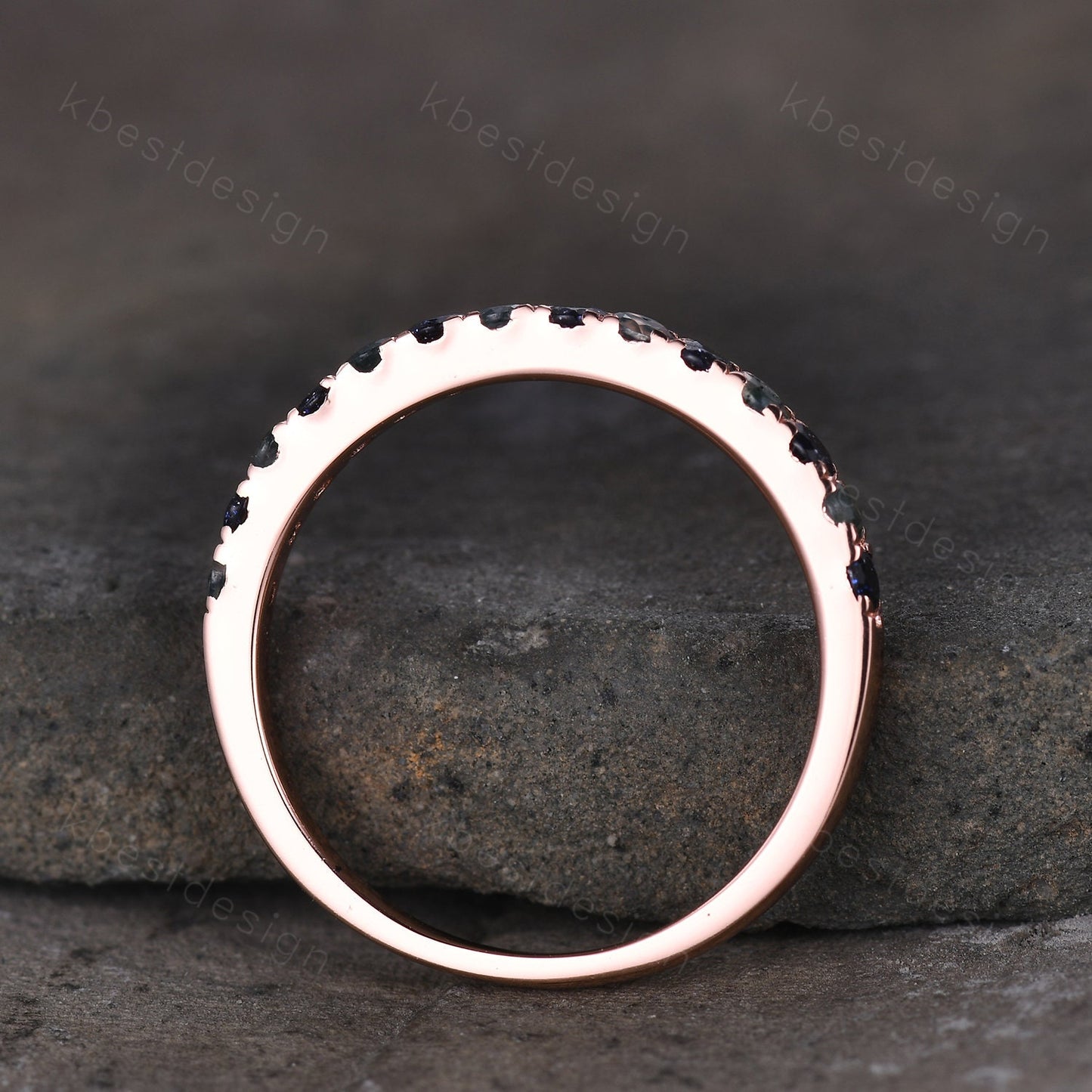 Round cut Blue Sandstone Wedding Band 2mm Half Eternity Band Moss Agate Wedding Band Gemstone Band Rose Gold Ring Anniversary Gift