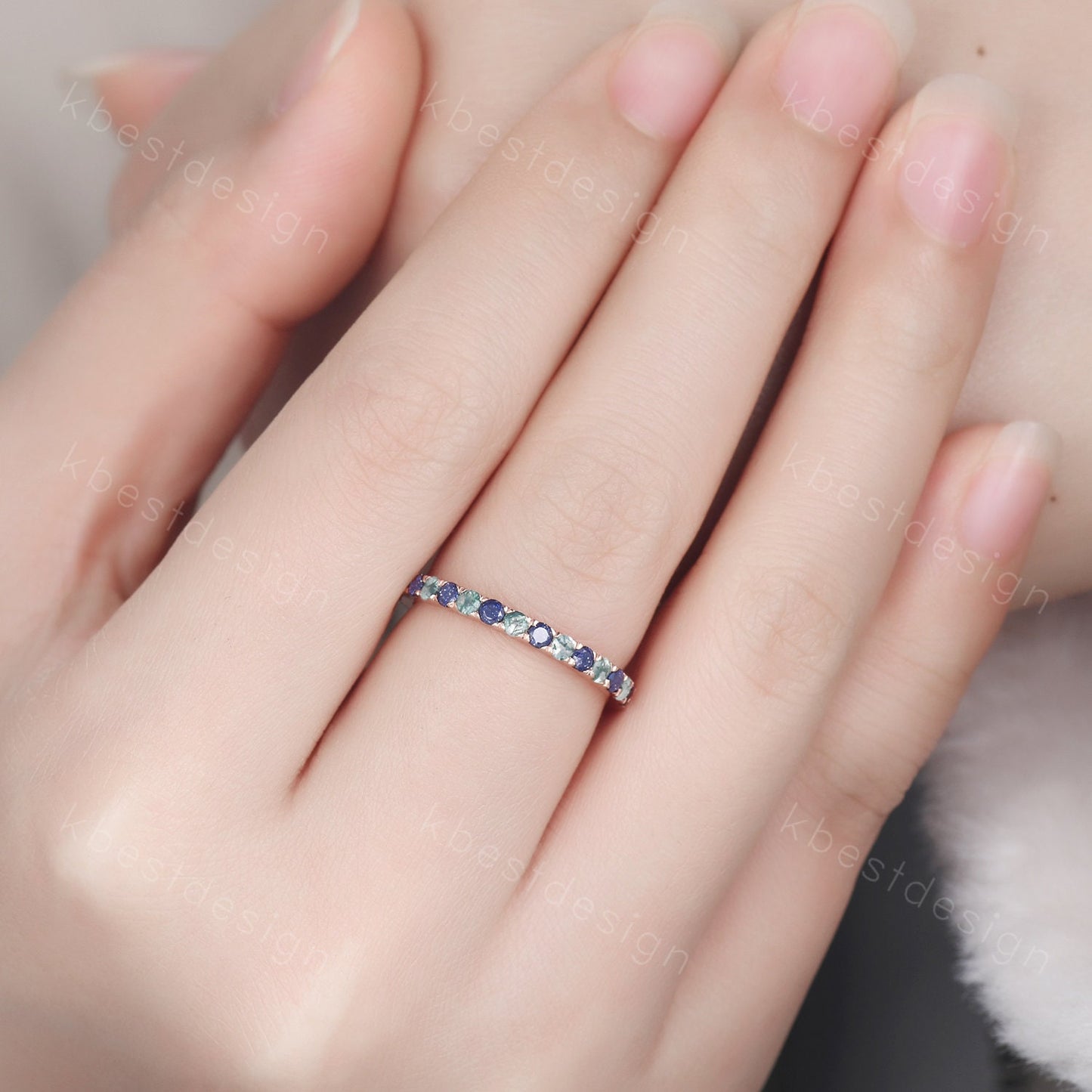 Round cut Blue Sandstone Wedding Band 2mm Half Eternity Band Moss Agate Wedding Band Gemstone Band Rose Gold Ring Anniversary Gift