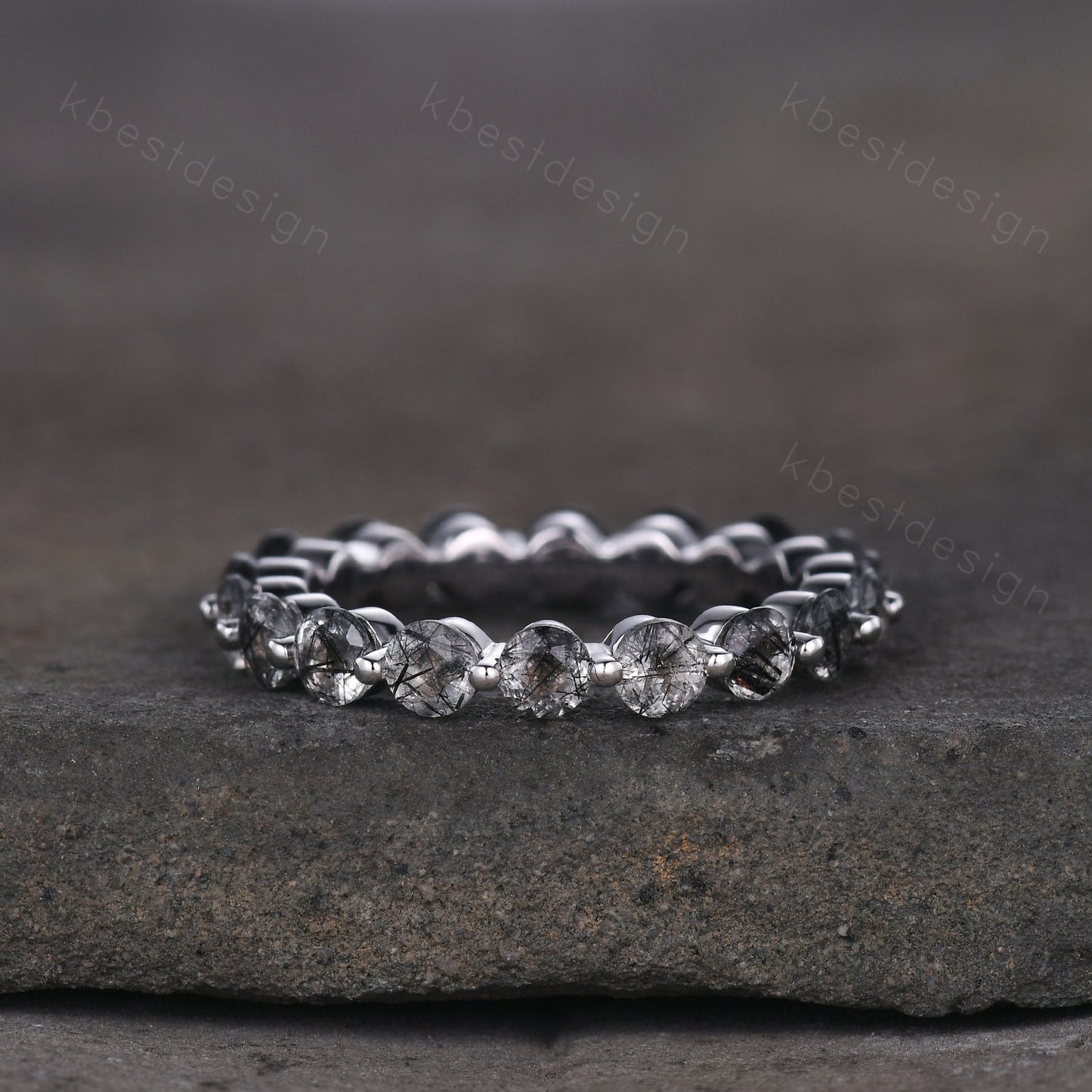 3MM Round Cut Natural Black Rutilated Quartz Wedding Ring Unique Black Gemstone Eternity Band Sterling Silver Ring Promise Ring Antique Ring