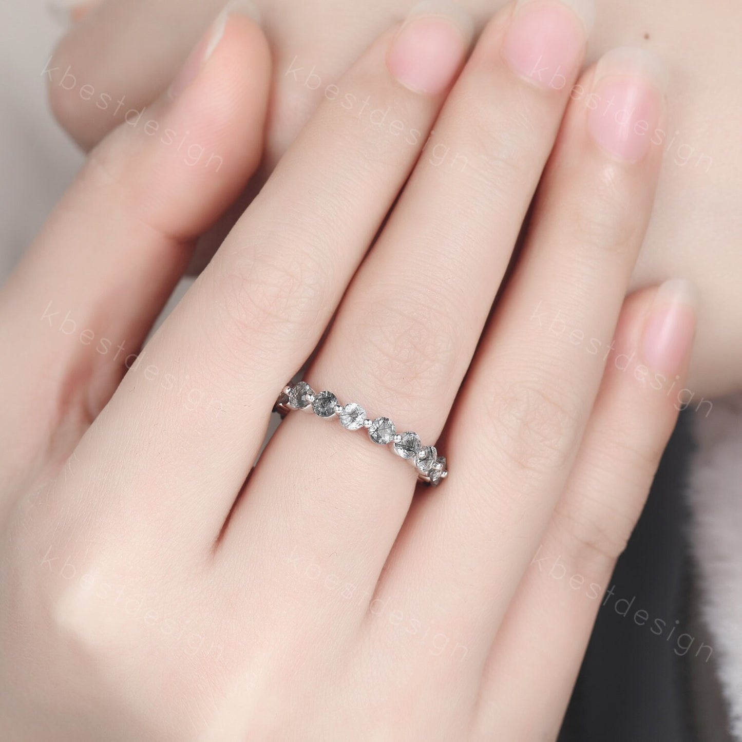 3MM Round Cut Natural Black Rutilated Quartz Wedding Ring Unique Black Gemstone Eternity Band Sterling Silver Ring Promise Ring Antique Ring