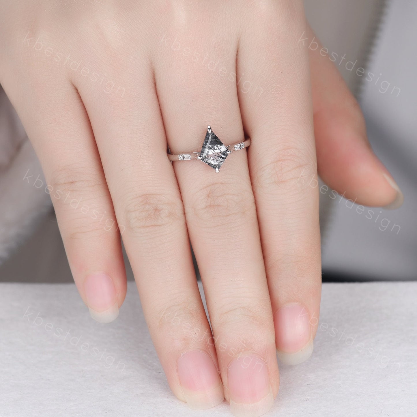 Vintage black rutilated quartz engagement ring 14k white gold kite cut ring art deco curved moissanite stacking band unique bridal ring set