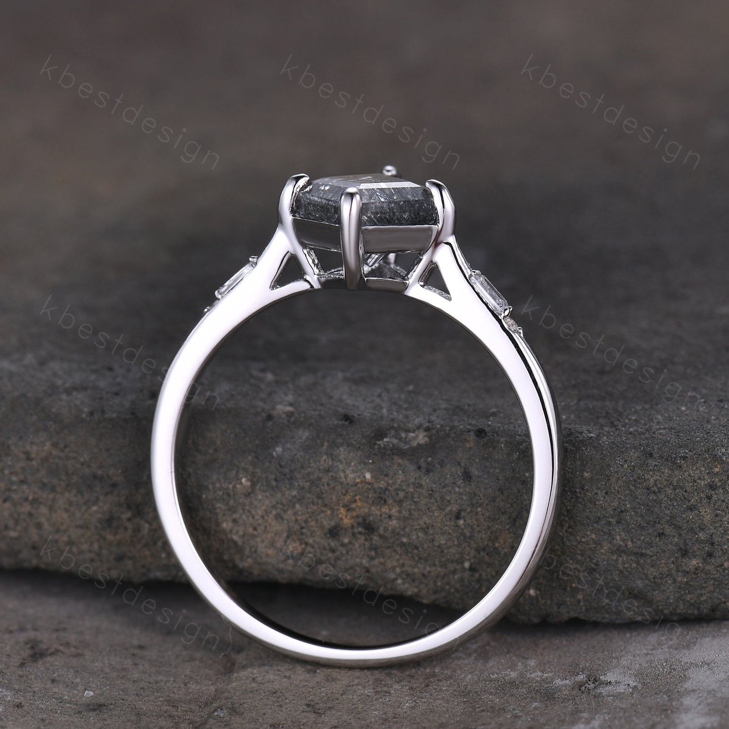 Kite Cut Natural Black Rutilated Quartz Engagement Ring Unique Black Gemstone Ring Sterling Silver Ring Baguette Ring Promise Ring