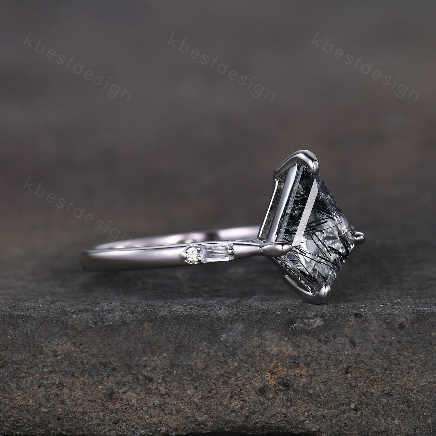 Kite Cut Natural Black Rutilated Quartz Engagement Ring Unique Black Gemstone Ring Sterling Silver Ring Baguette Ring Promise Ring