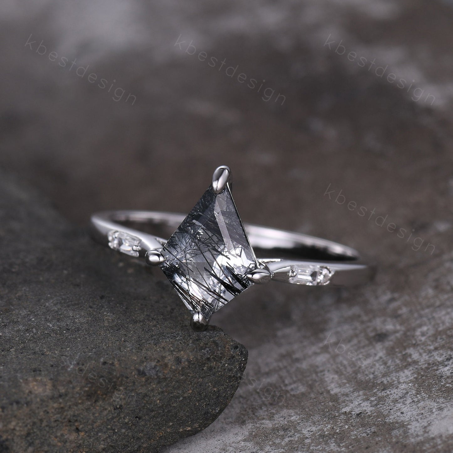 Kite Cut Natural Black Rutilated Quartz Engagement Ring Unique Black Gemstone Ring Sterling Silver Ring Baguette Ring Promise Ring