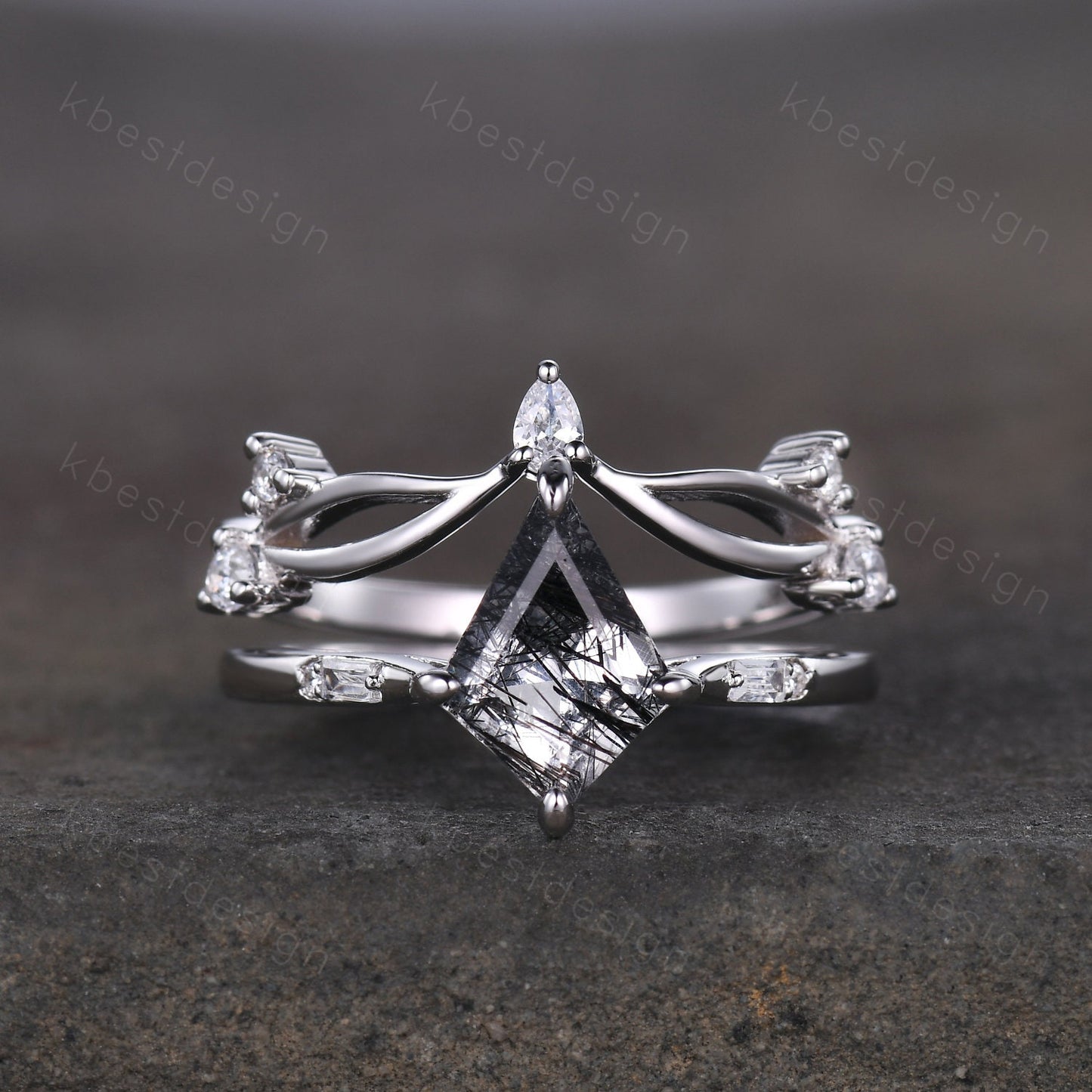 Vintage black rutilated quartz engagement ring 14k white gold kite cut ring art deco curved moissanite stacking band unique bridal ring set