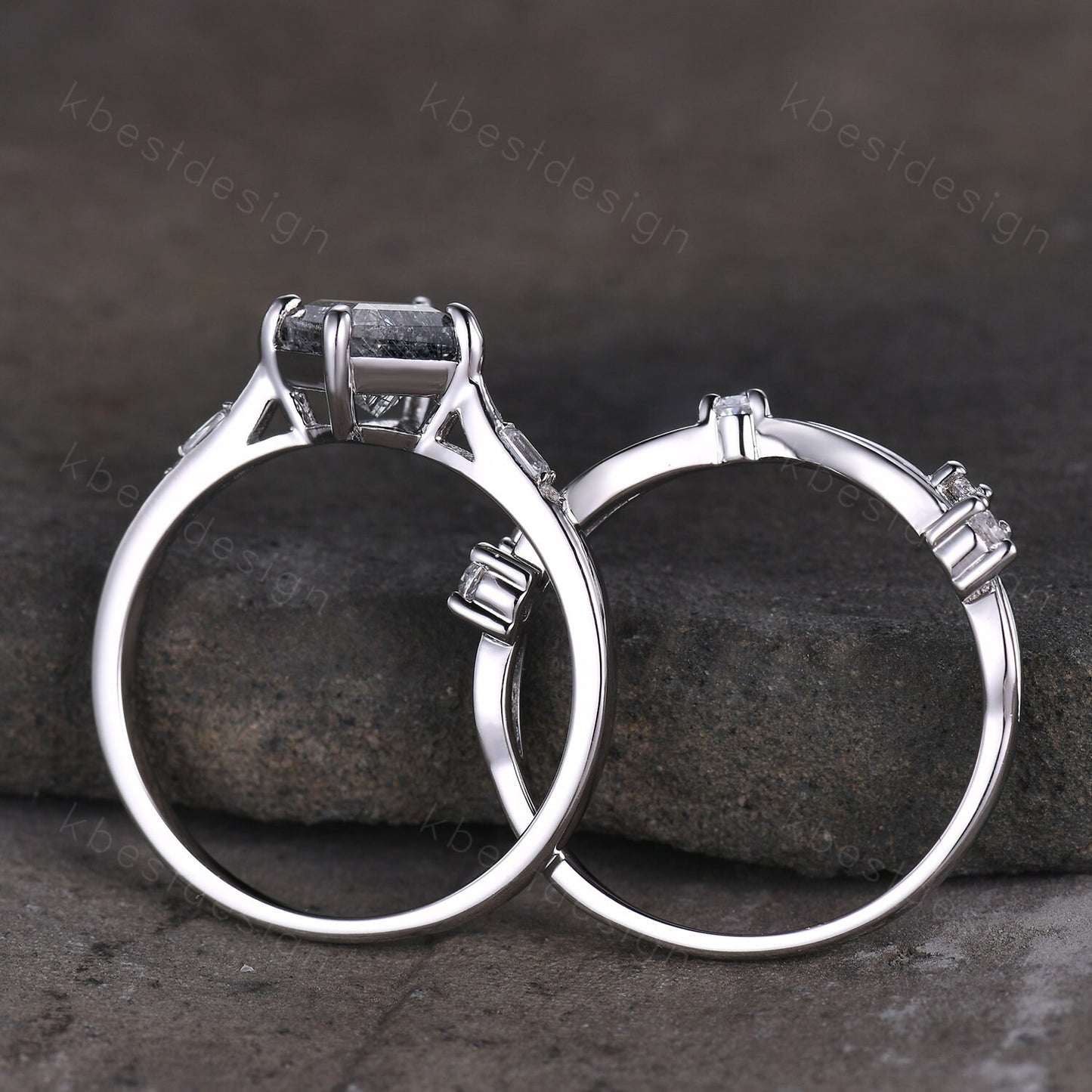 Vintage black rutilated quartz engagement ring 14k white gold kite cut ring art deco curved moissanite stacking band unique bridal ring set