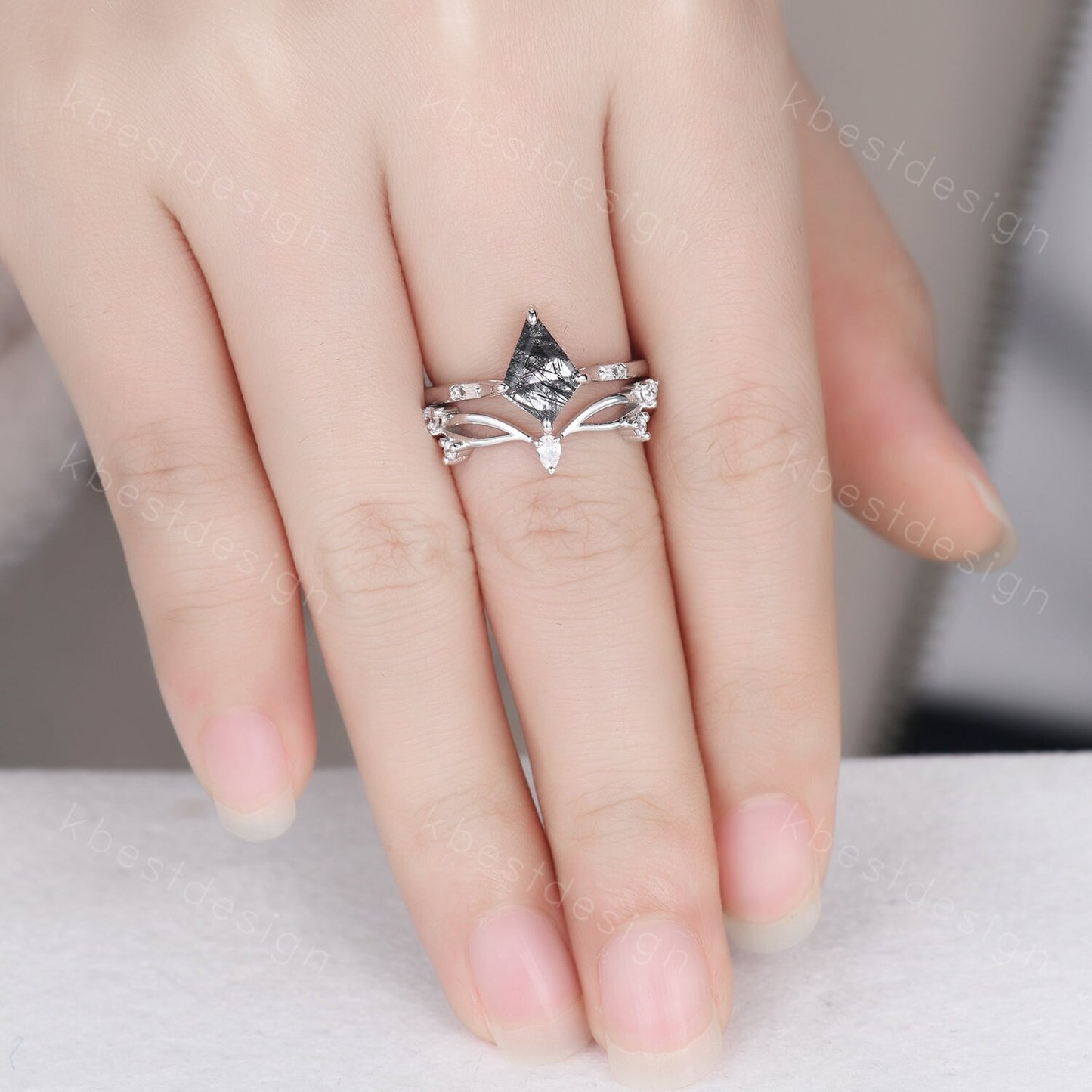 Vintage black rutilated quartz engagement ring 14k white gold kite cut ring art deco curved moissanite stacking band unique bridal ring set