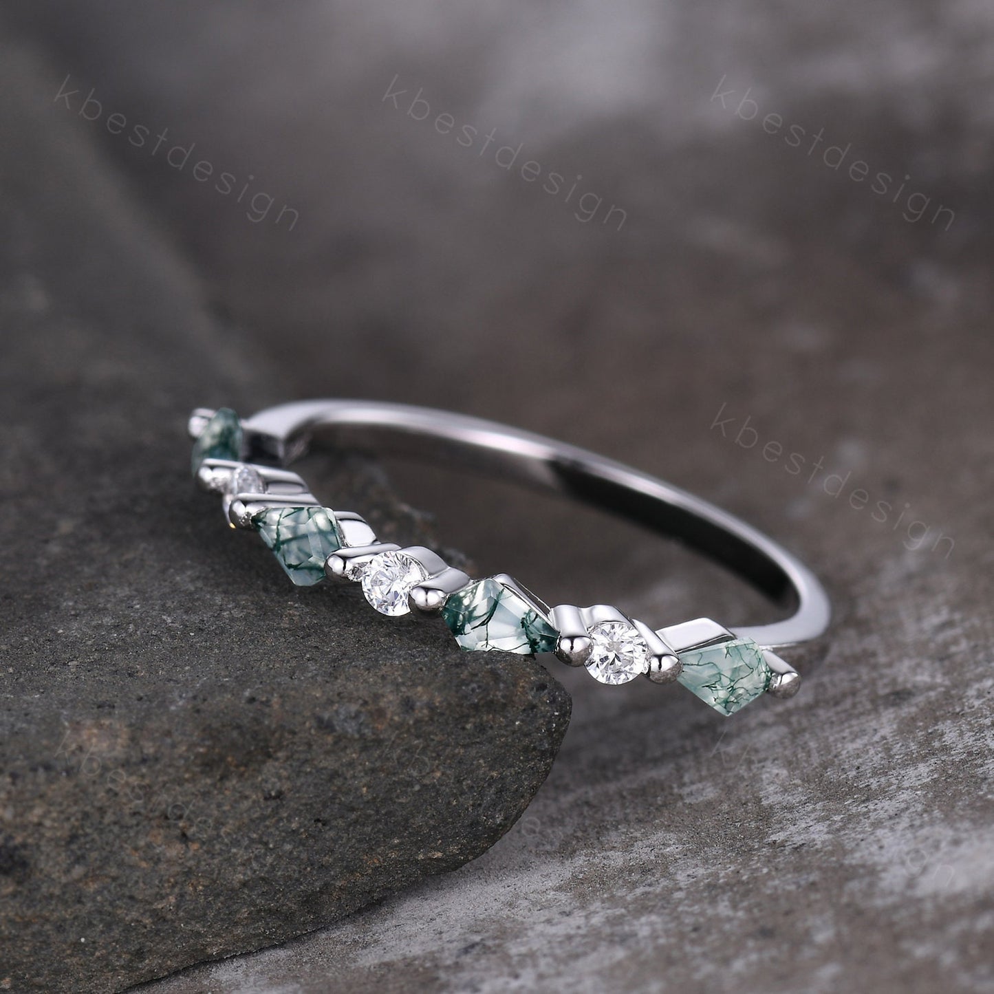 Kite cut Moss Agate Wedding Band Unique Rose Gold Wedding Band Antique Moissanite Ring Minimalist Bridal Matching Stackable band