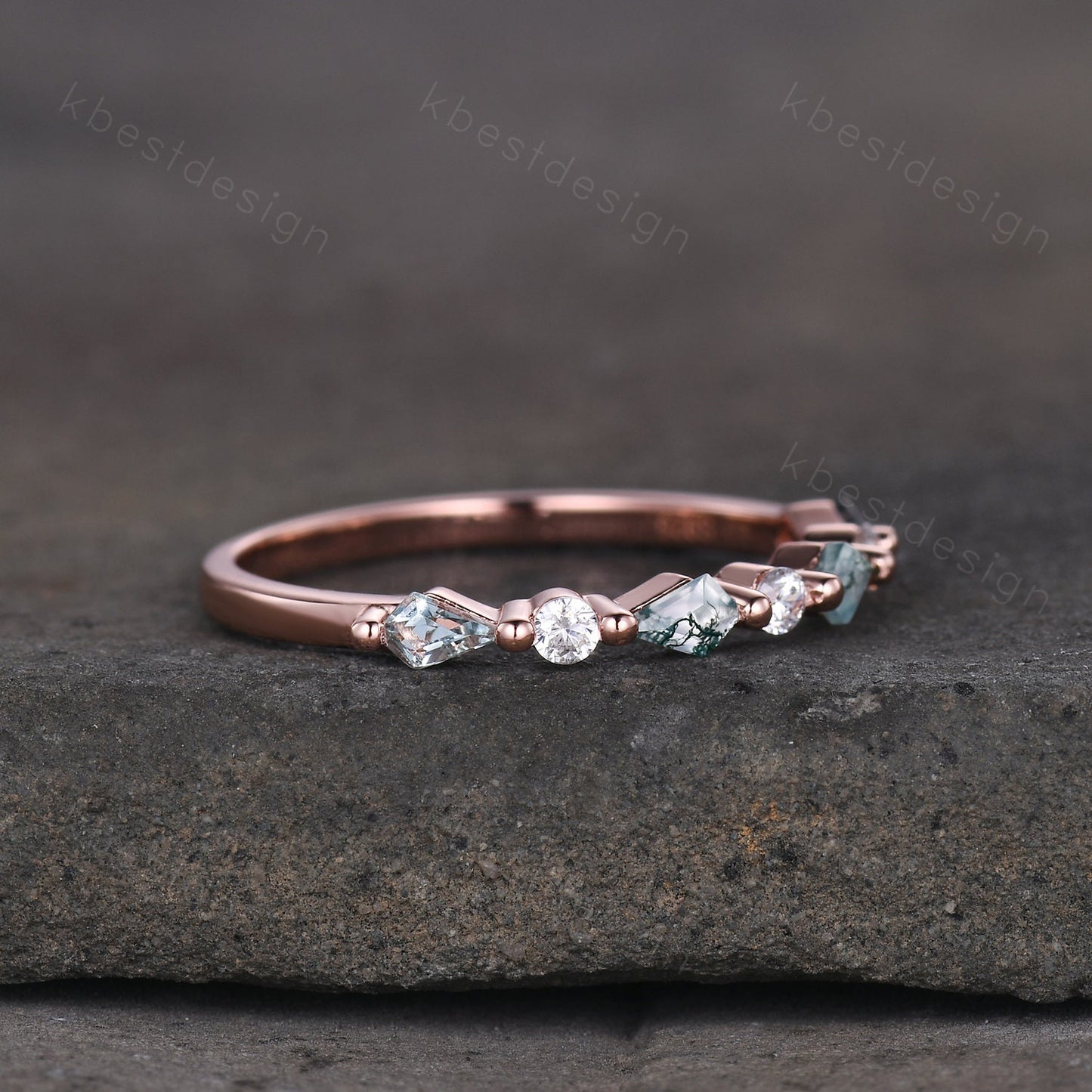 Kite cut Moss Agate Wedding Band Unique Rose Gold Wedding Band Antique Moissanite Ring Minimalist Bridal Matching Stackable band