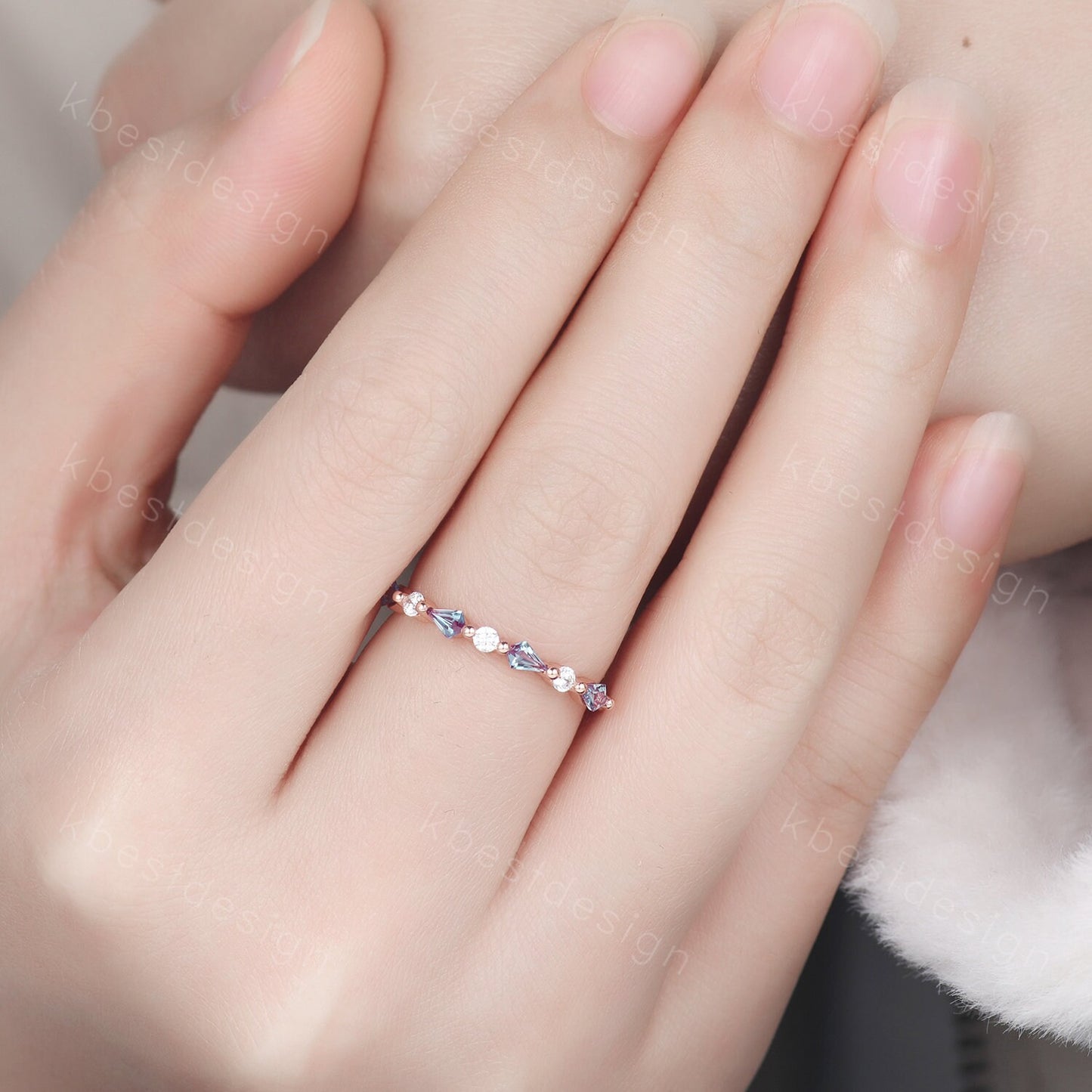 Vintage Alexandrite Wedding Band Kite cut Wedding Band Women Rose Gold Band Unique Half eternity band Delicate Stacking Band Gift for Her