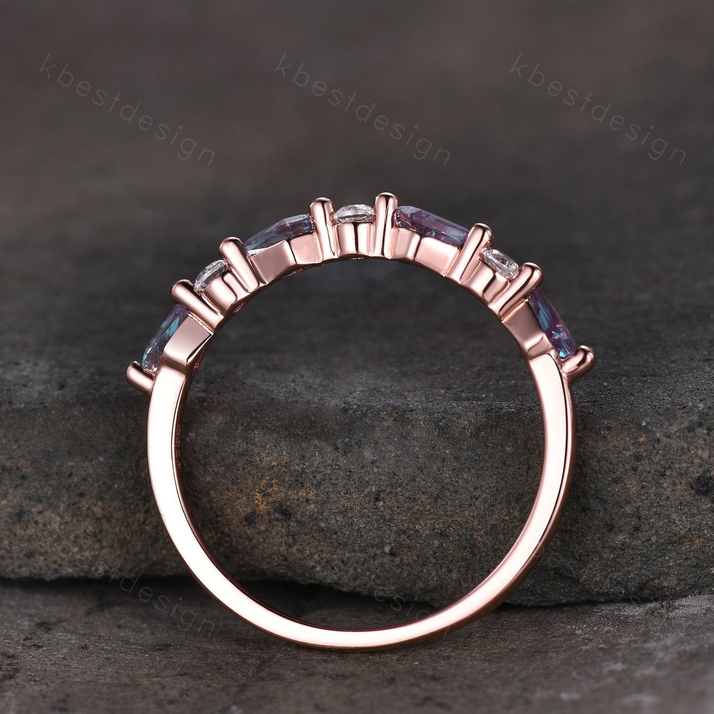 Vintage Alexandrite Wedding Band Kite cut Wedding Band Women Rose Gold Band Unique Half eternity band Delicate Stacking Band Gift for Her