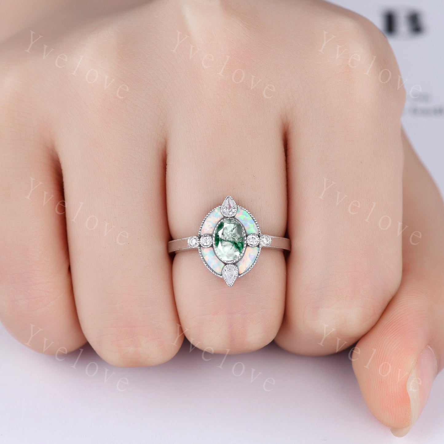Oval moss agate engagement ring green agate ring opal moissanite side stones promise ring 14k rose gold vintage ring halo milgrain ring gift