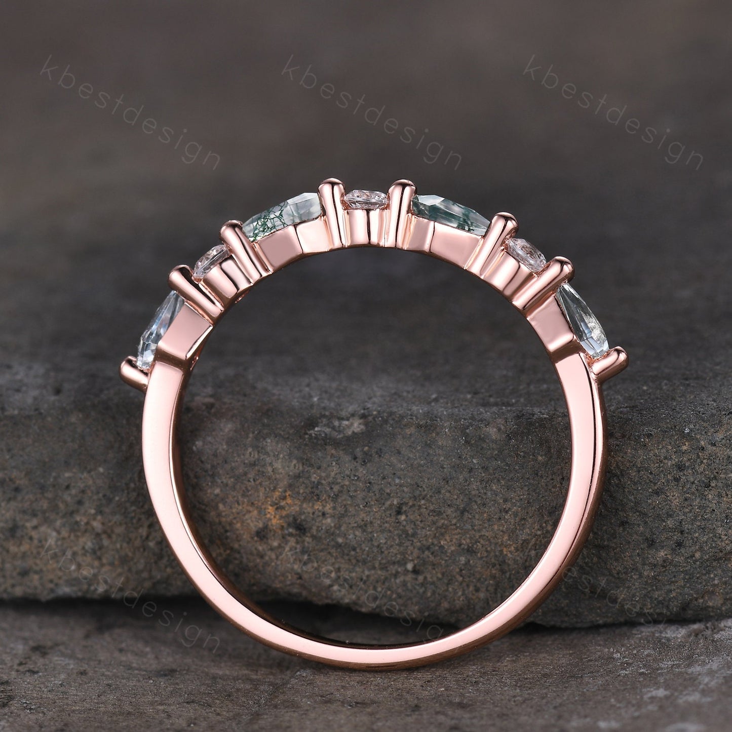 Kite cut Moss Agate Wedding Band Unique Rose Gold Wedding Band Antique Moissanite Ring Minimalist Bridal Matching Stackable band