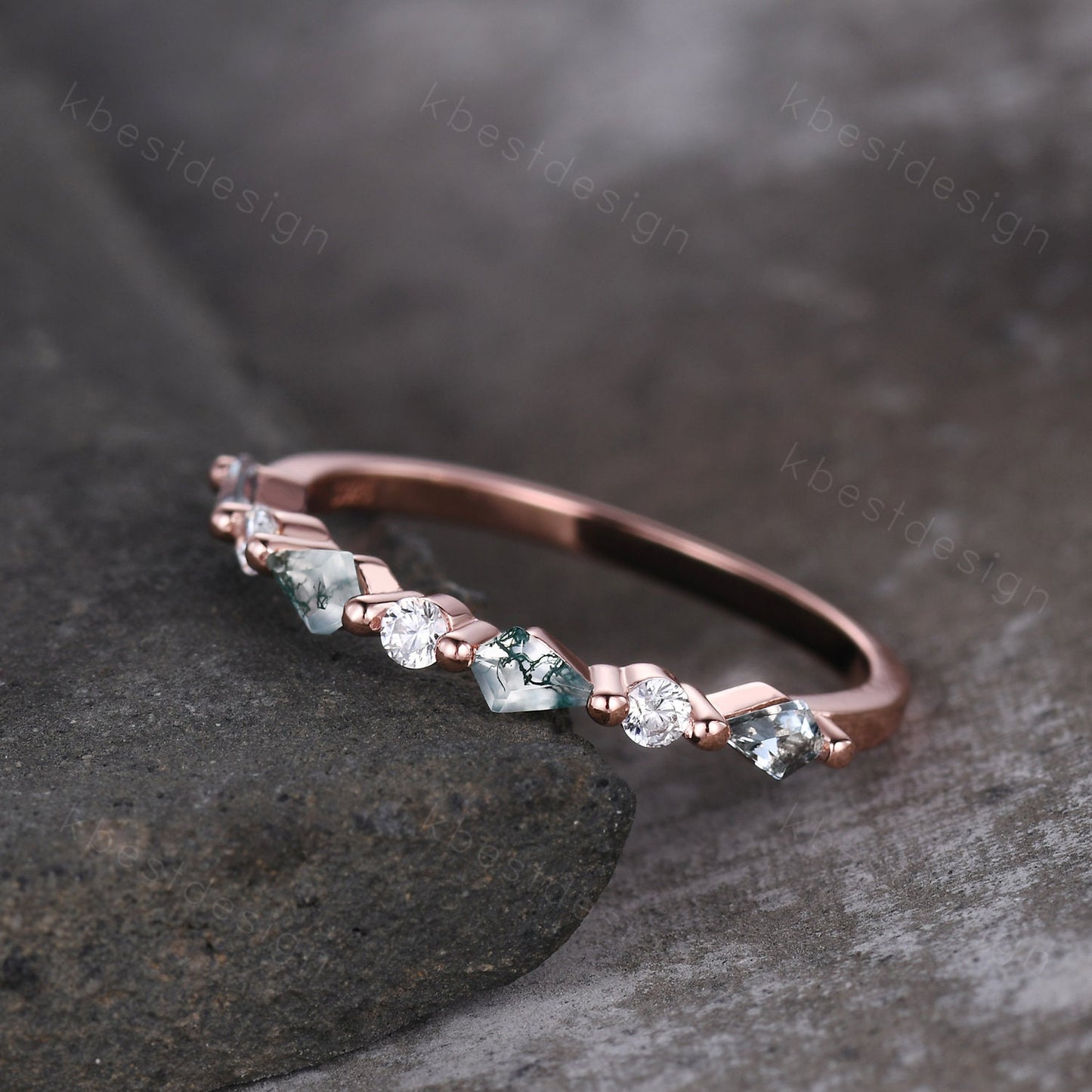Kite cut Moss Agate Wedding Band Unique Rose Gold Wedding Band Antique Moissanite Ring Minimalist Bridal Matching Stackable band