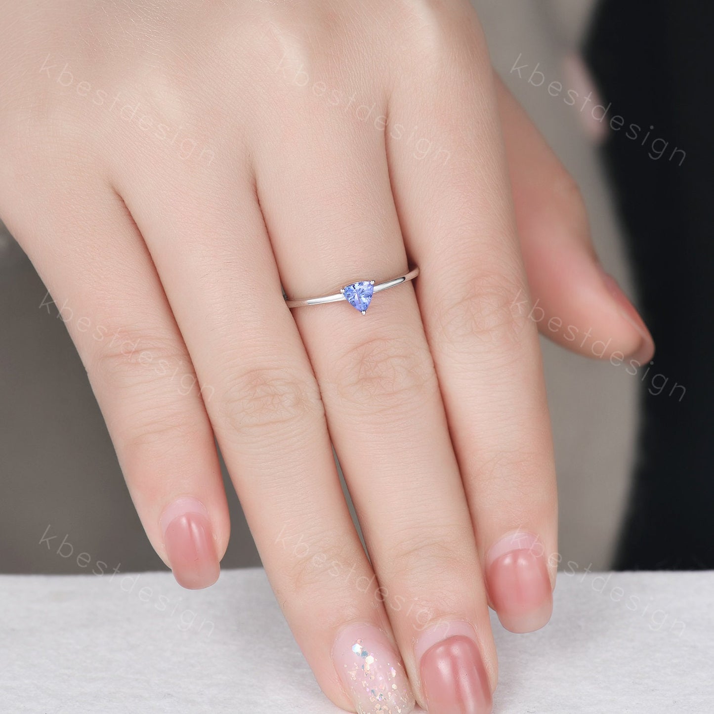 Delicate Tanzanite Ring, Minimalist Silver Ring, Tanzanite Stacking Ring, Trillion Cut Engagement Ring, Unique Anniversary Promise Gifts