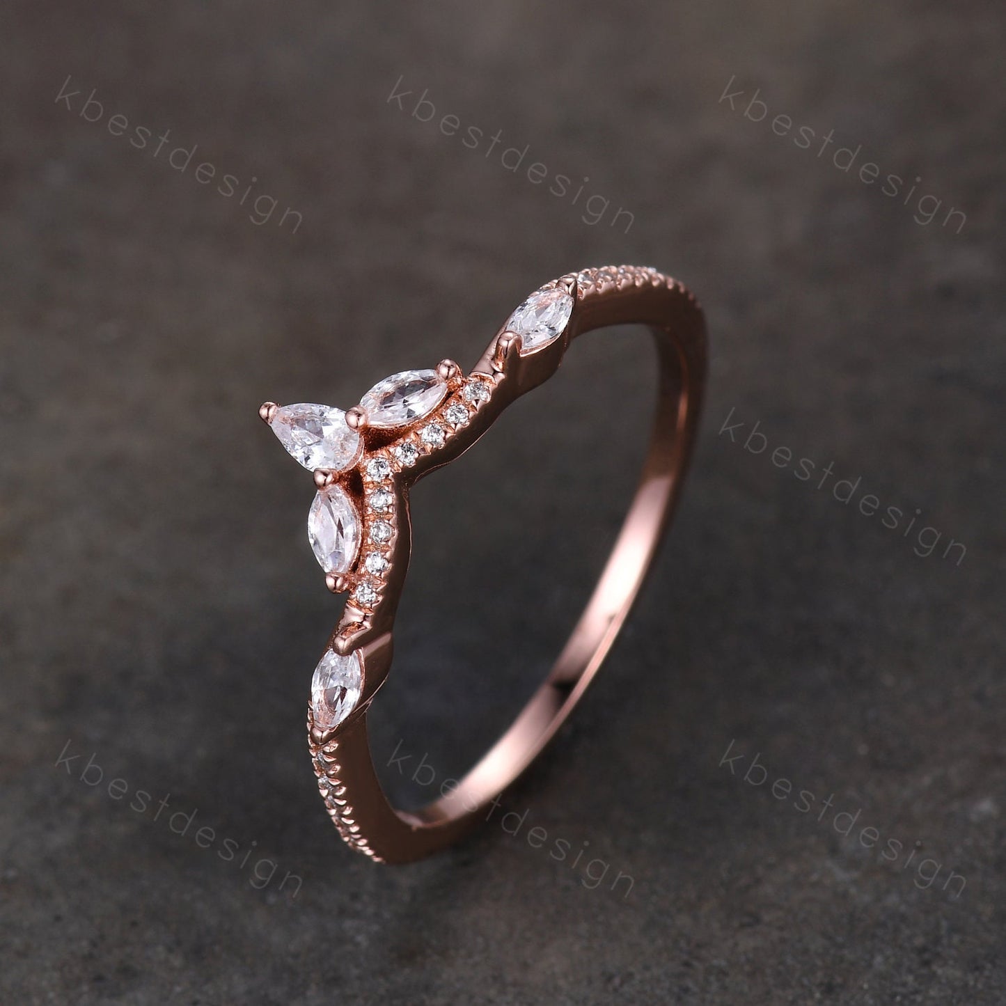 Marquise Moissanite wedding band Vintage rose gold stacking band Art deco floral wedding band Unique matching bridal ring Anniversary gift