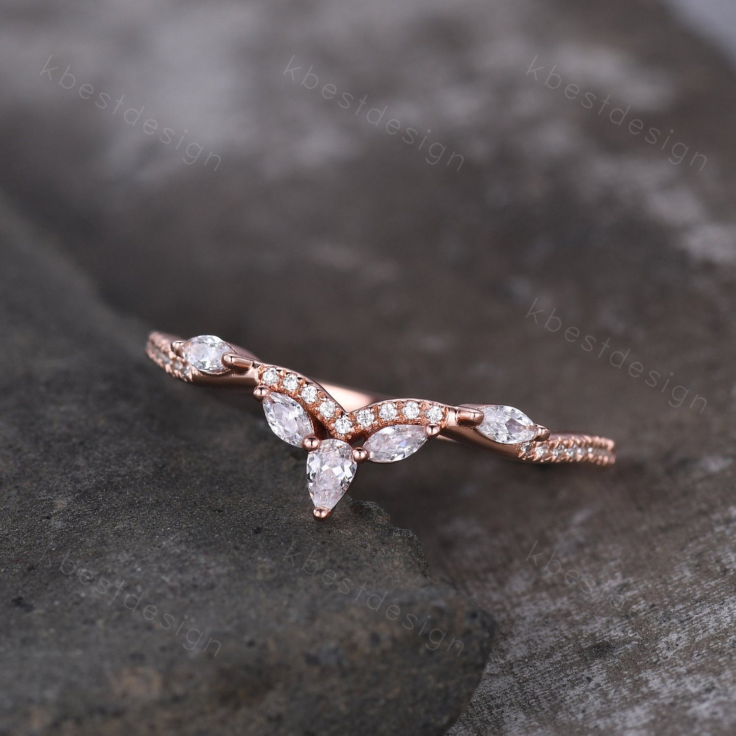 Marquise Moissanite wedding band Vintage rose gold stacking band Art deco floral wedding band Unique matching bridal ring Anniversary gift