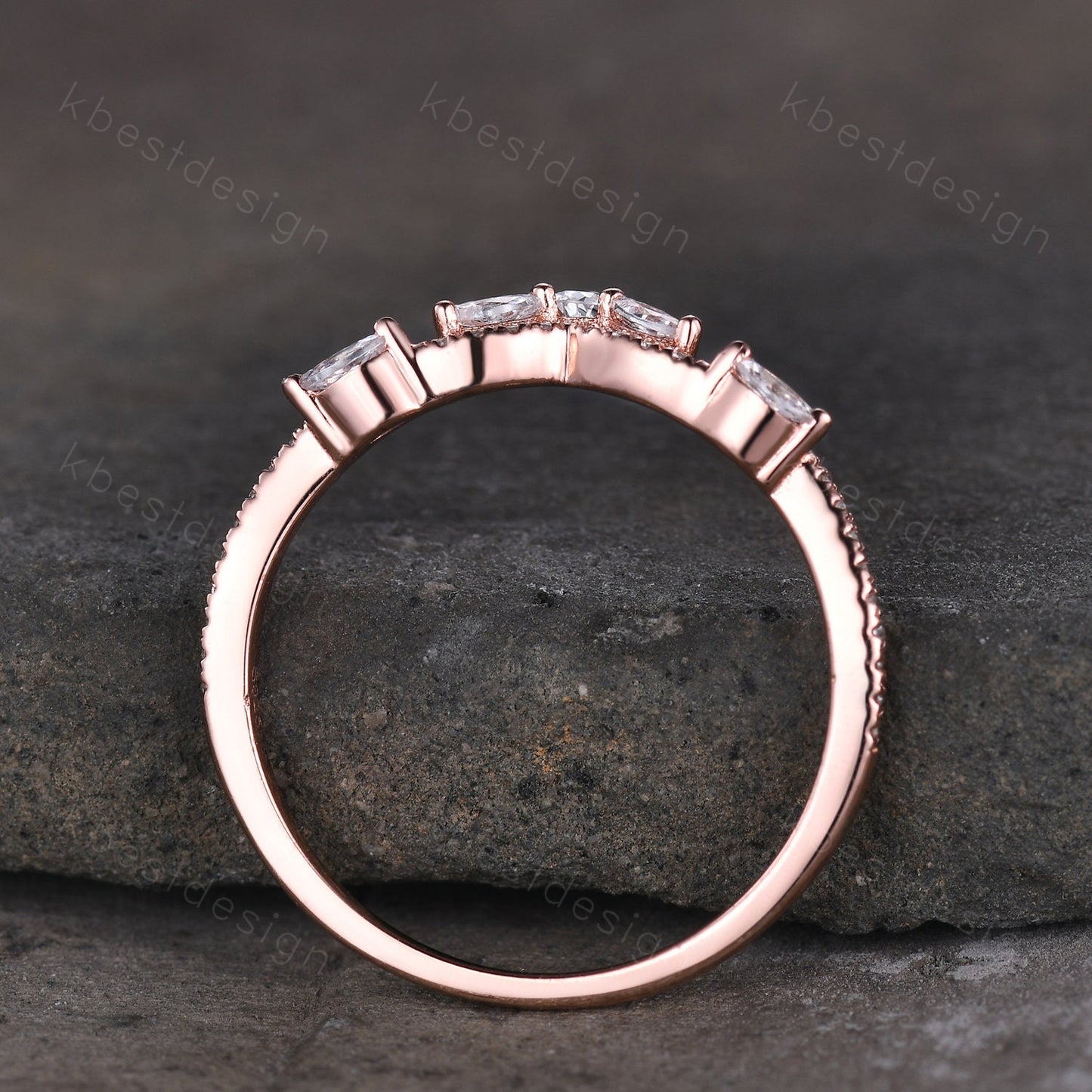 Marquise Moissanite wedding band Vintage rose gold stacking band Art deco floral wedding band Unique matching bridal ring Anniversary gift
