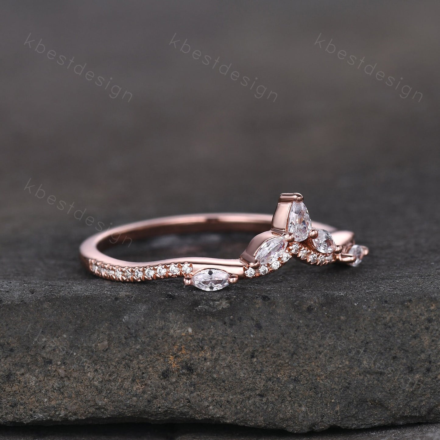 Marquise Moissanite wedding band Vintage rose gold stacking band Art deco floral wedding band Unique matching bridal ring Anniversary gift