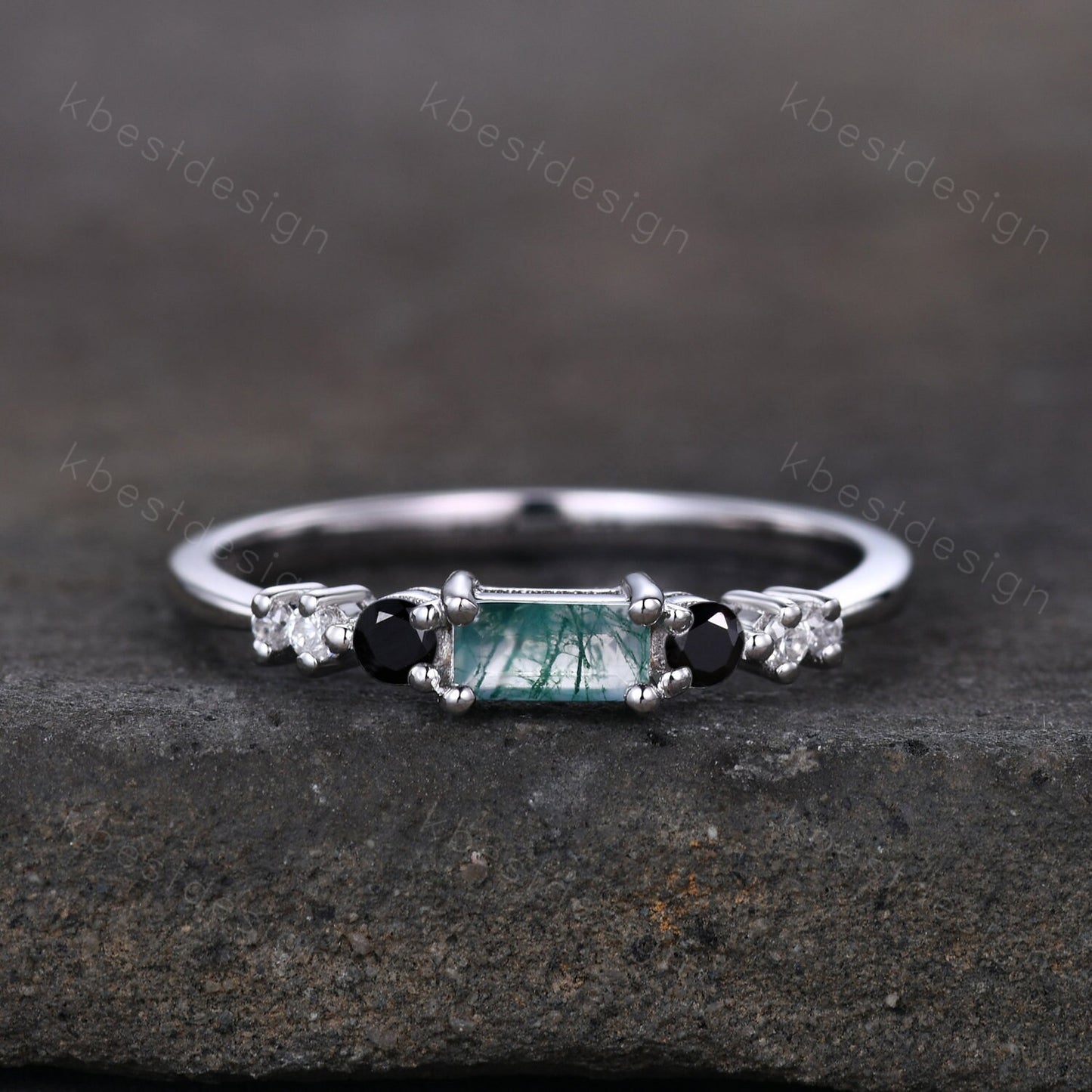 Baguette cut Moss Agate Wedding Band Unique Sterling Silver Band Antique Black Spinel Ring Minimalist Bridal Matching Stackable band