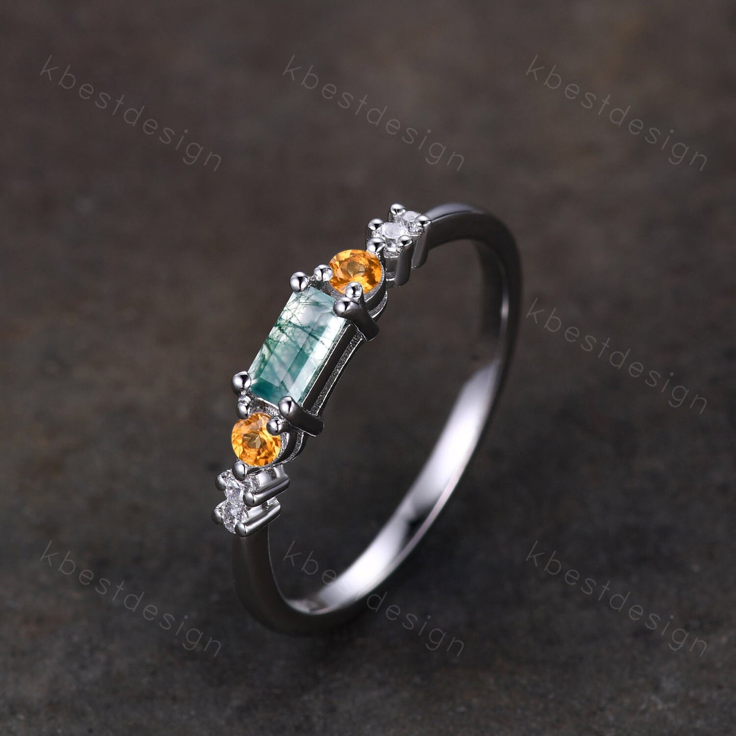Baguette cut Moss Agate Wedding Band Unique Citrine Sterling Silver Band Antique Moissanite Ring Unique Bridal Matching Stackable band