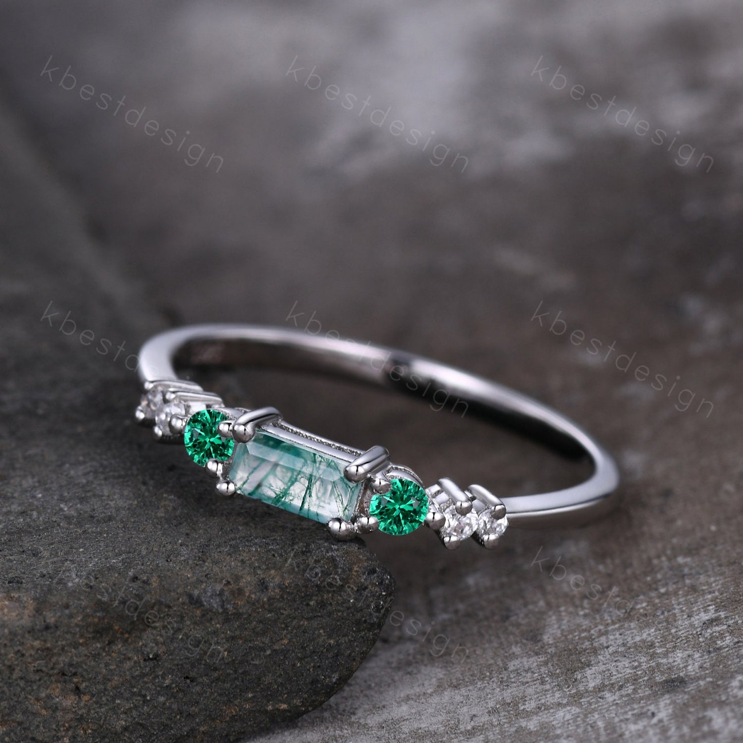 Baguette cut Moss Agate Wedding Band Unique Green Gem Ring Women Silver Ring Antique Moissanite Ring Minimalist Bridal Anniversary Gift