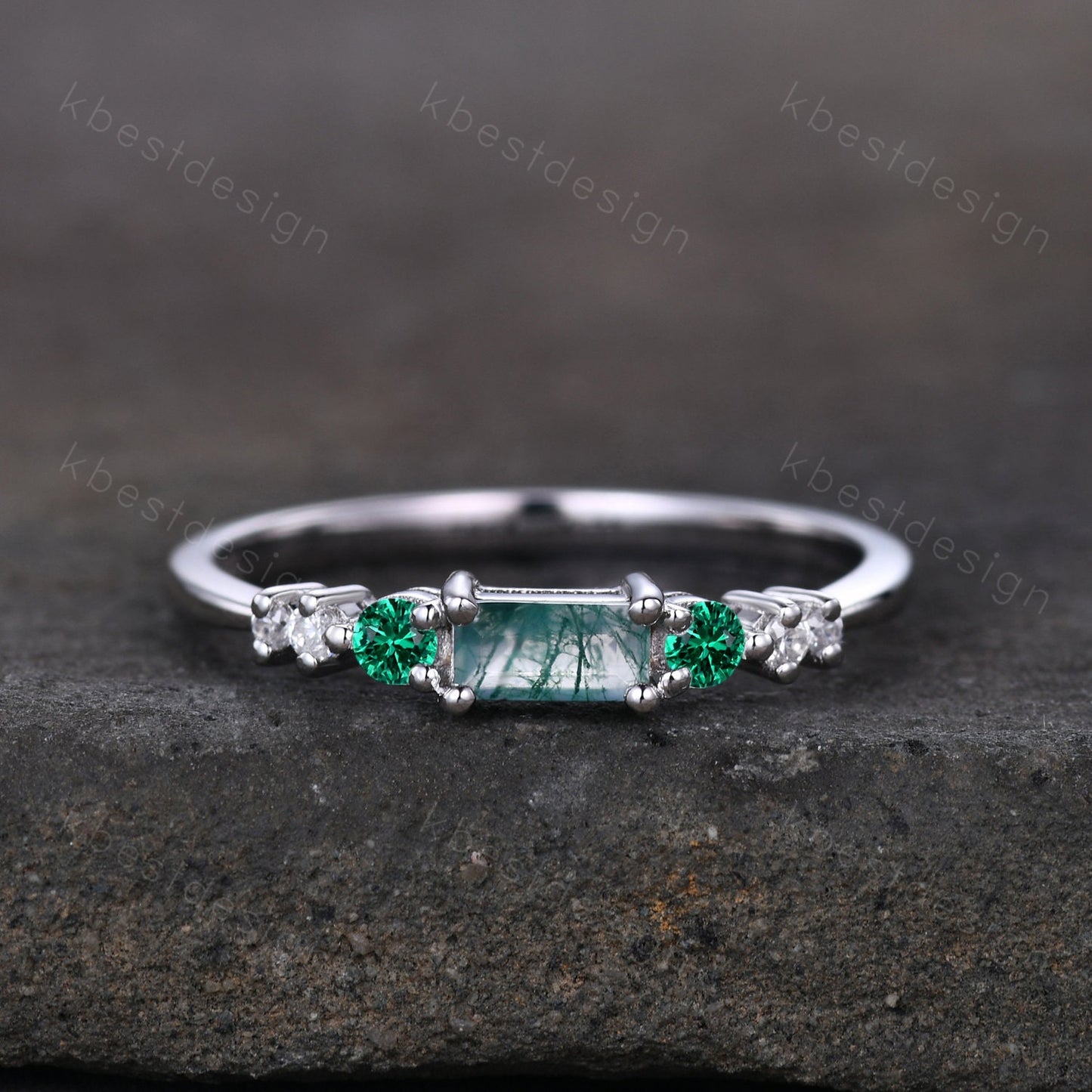 Baguette cut Moss Agate Wedding Band Unique Green Gem Ring Women Silver Ring Antique Moissanite Ring Minimalist Bridal Anniversary Gift