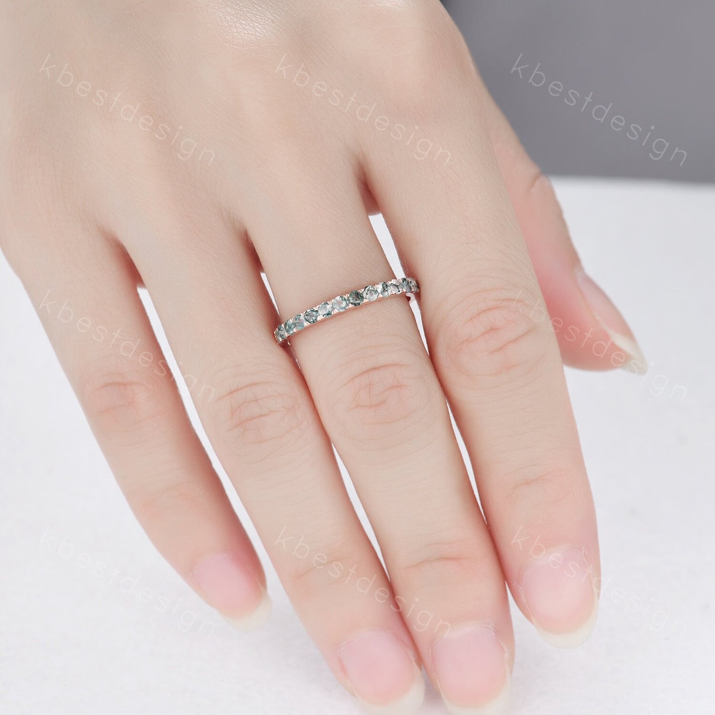 2MM Round cut Moss Agate Wedding Band Rose Gold Half Eternity Wedding Band Natural Moss Agate Stacking Band Minimalist Bridal Promise Gift