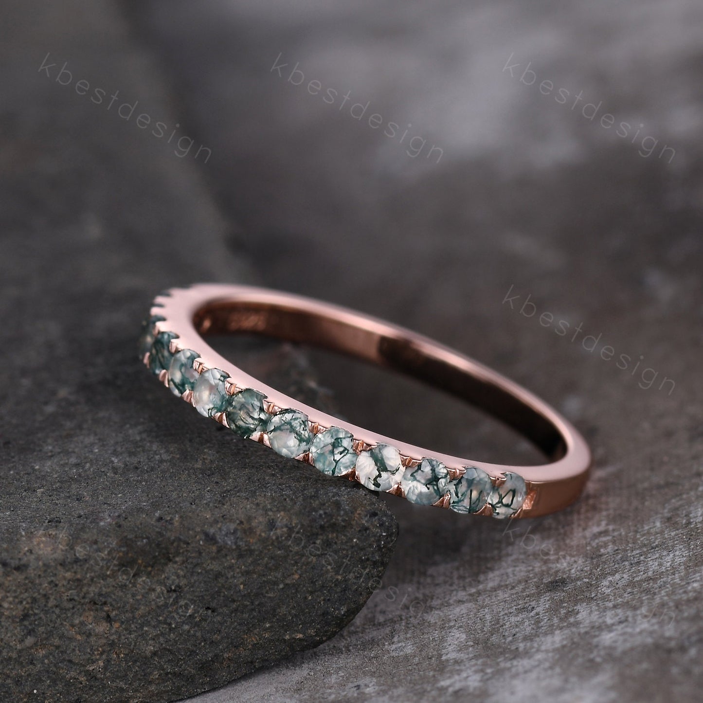 2MM Round cut Moss Agate Wedding Band Rose Gold Half Eternity Wedding Band Natural Moss Agate Stacking Band Minimalist Bridal Promise Gift