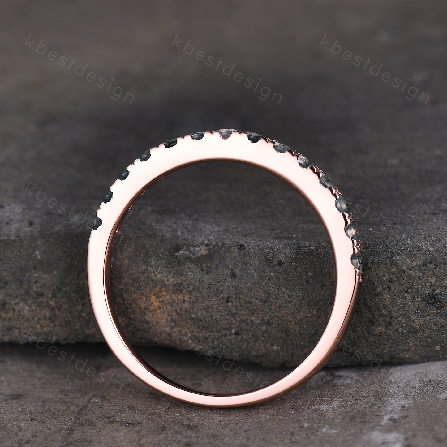 2MM Round cut Moss Agate Wedding Band Rose Gold Half Eternity Wedding Band Natural Moss Agate Stacking Band Minimalist Bridal Promise Gift