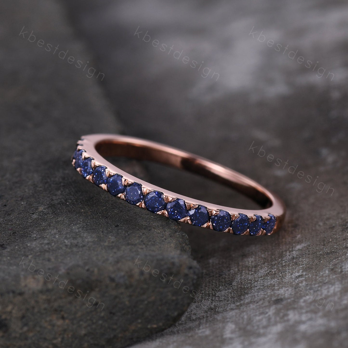 Half Eternity Blue Sandstone Wedding Band Round cut Wedding Band Women Rose Gold Band Dainty Stacking Matching Band Anniversary Ring