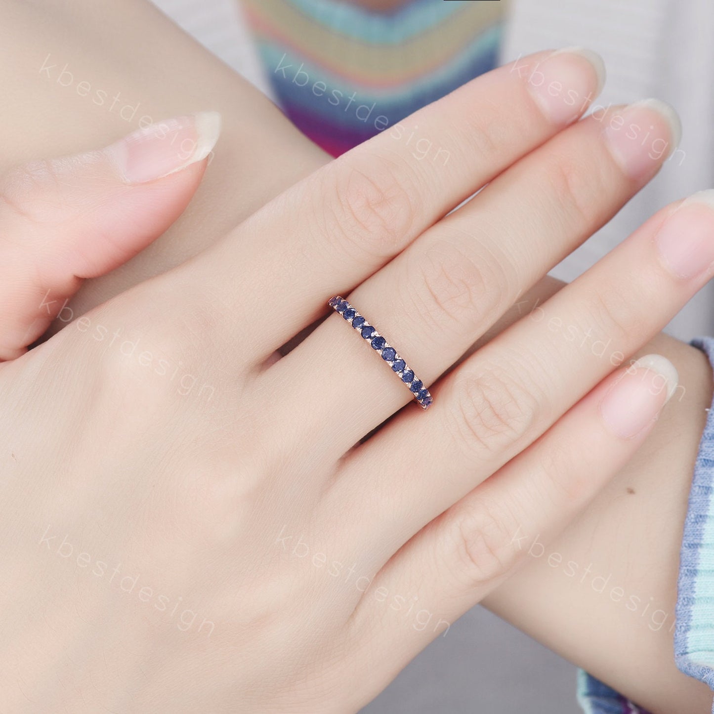 Half Eternity Blue Sandstone Wedding Band Round cut Wedding Band Women Rose Gold Band Dainty Stacking Matching Band Anniversary Ring