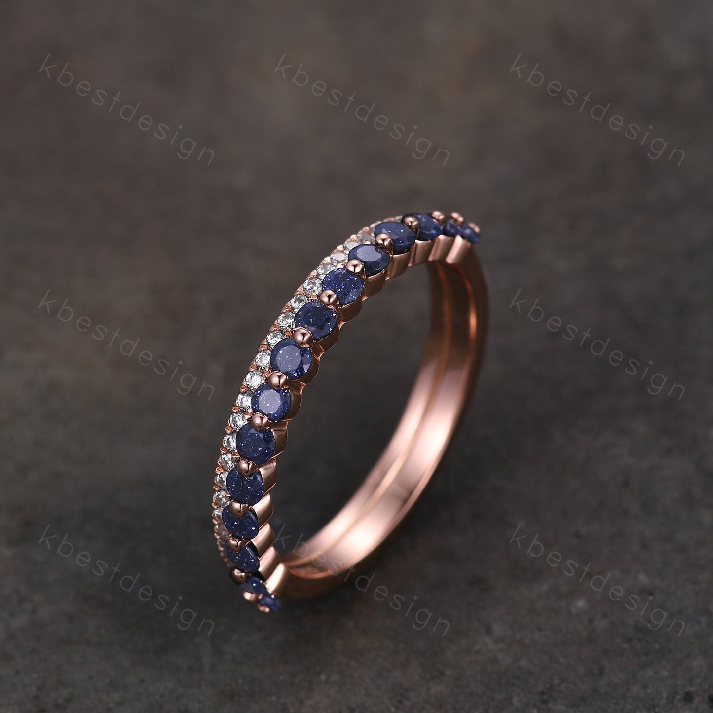 Vintage Blue Sandstone Wedding Band, Half Eternity Moissanite Band, Minimalist Bridal Matching Band, Double Wedding Band, Anniversary Ring