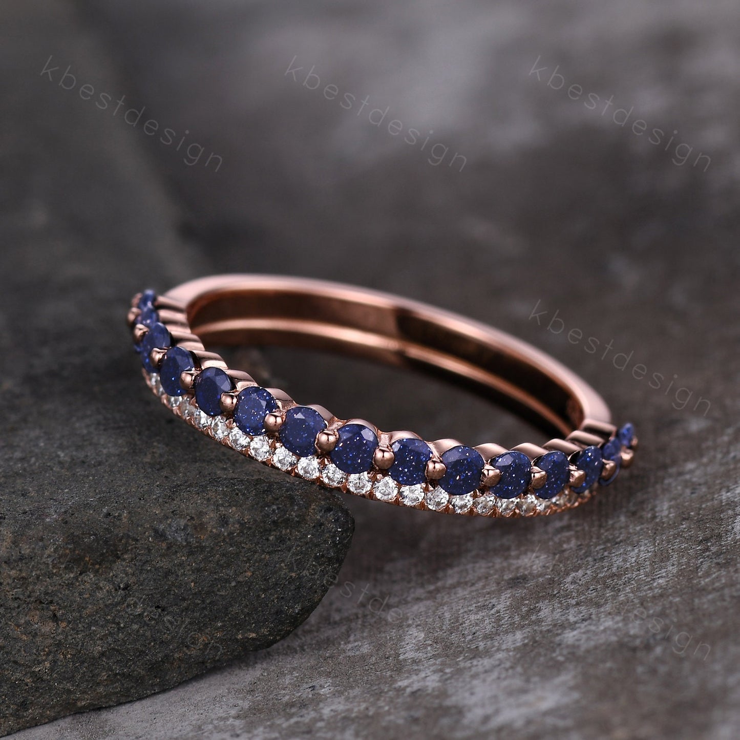 Vintage Blue Sandstone Wedding Band, Half Eternity Moissanite Band, Minimalist Bridal Matching Band, Double Wedding Band, Anniversary Ring
