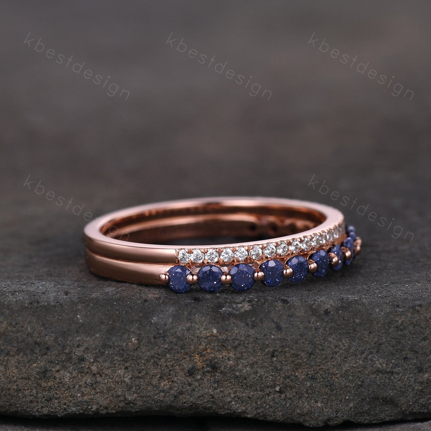 Vintage Blue Sandstone Wedding Band, Half Eternity Moissanite Band, Minimalist Bridal Matching Band, Double Wedding Band, Anniversary Ring