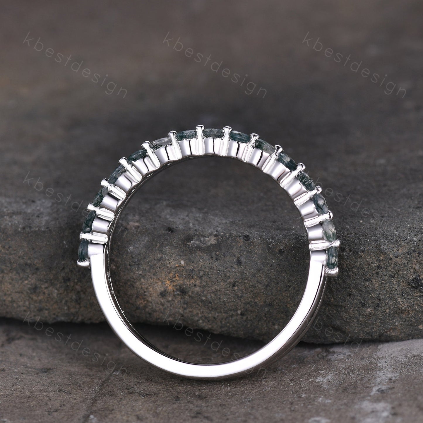 Vintage Moss Agate Wedding Band Silver Moissanite Stacking Band Art Deco Double Band Unique Bridal Promise Gift Platinum Ring