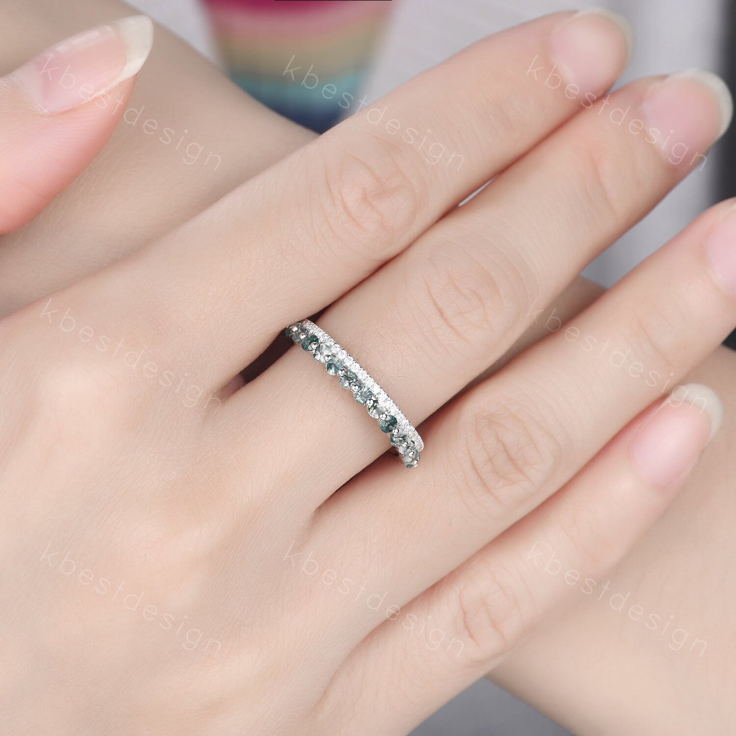 Vintage Moss Agate Wedding Band Silver Moissanite Stacking Band Art Deco Double Band Unique Bridal Promise Gift Platinum Ring