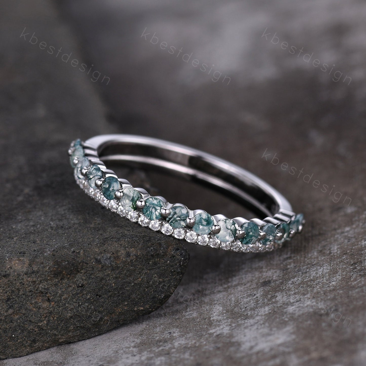 Vintage Moss Agate Wedding Band Silver Moissanite Stacking Band Art Deco Double Band Unique Bridal Promise Gift Platinum Ring