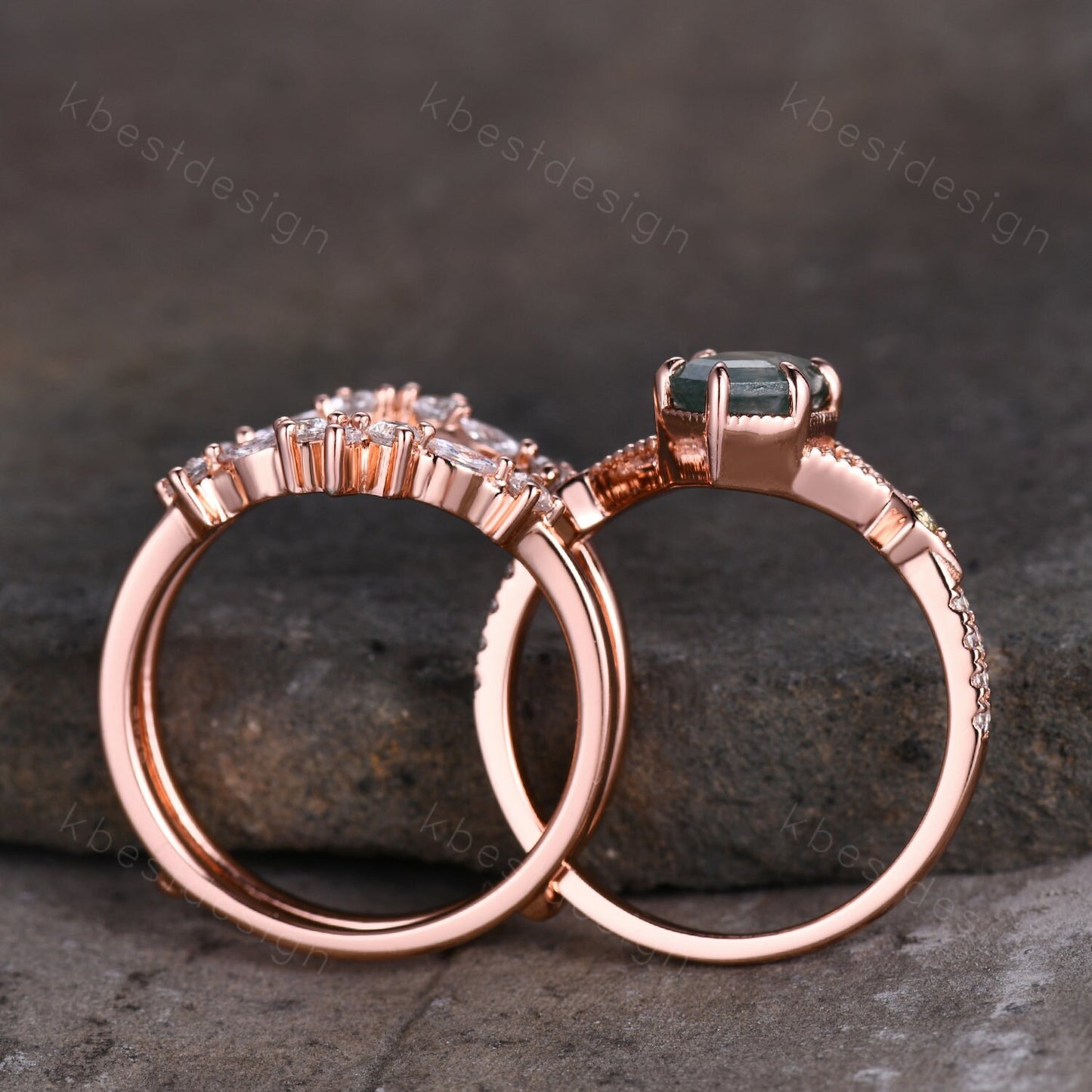 Vintage Hexagon cut Moss Agate Ring Rose Gold Engagement Ring Set Unique Double Curved Moissanite Band Art Deco Wedding Bridal Ring Set