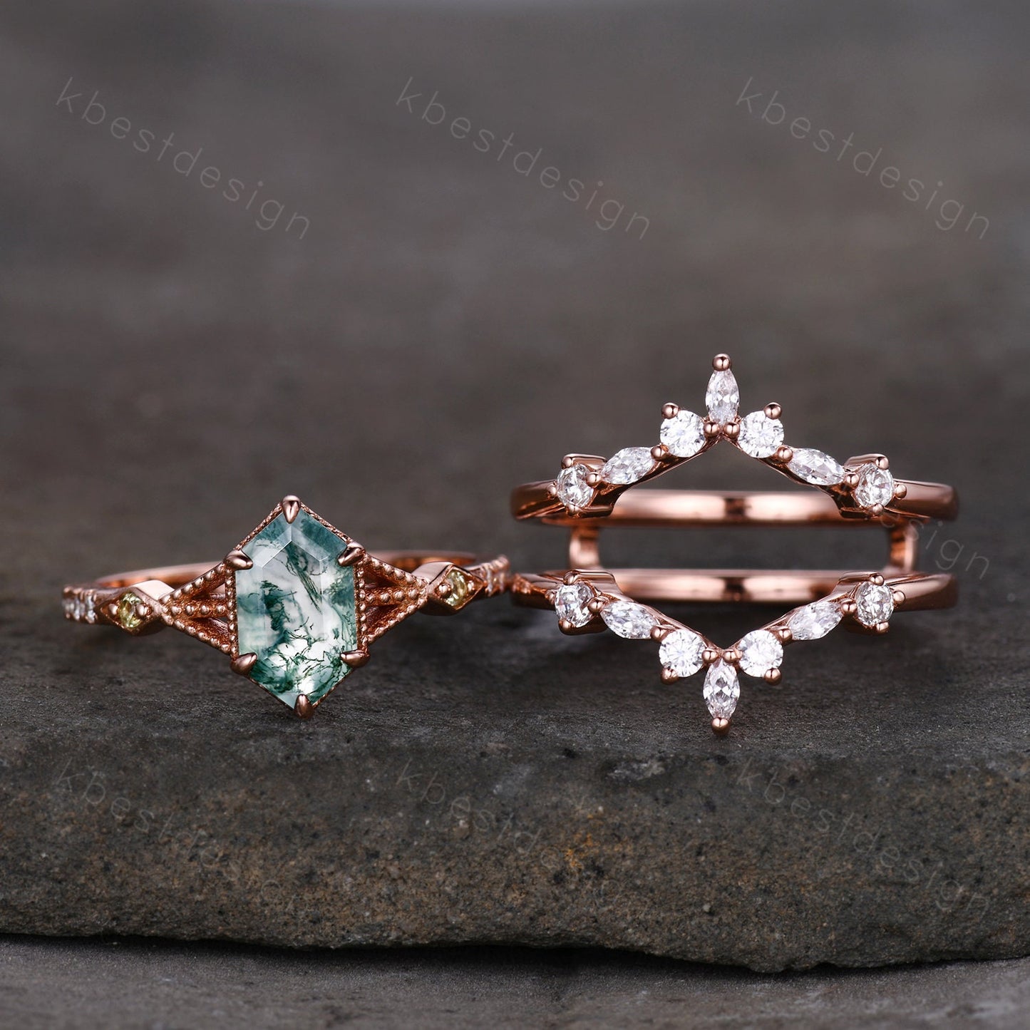 Vintage Hexagon cut Moss Agate Ring Rose Gold Engagement Ring Set Unique Double Curved Moissanite Band Art Deco Wedding Bridal Ring Set